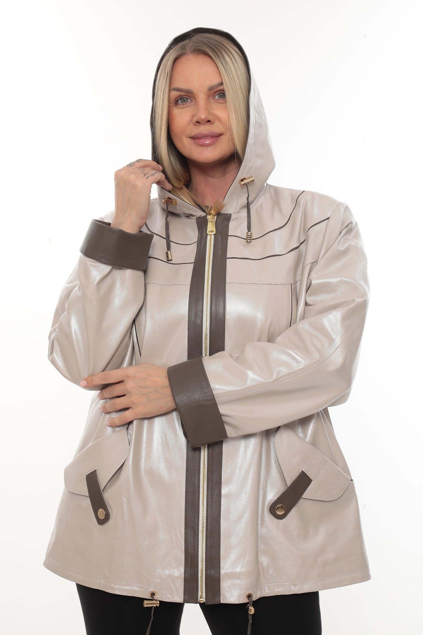 LOOREY Beige Genuine Lambskin Leather Hooded Jacket