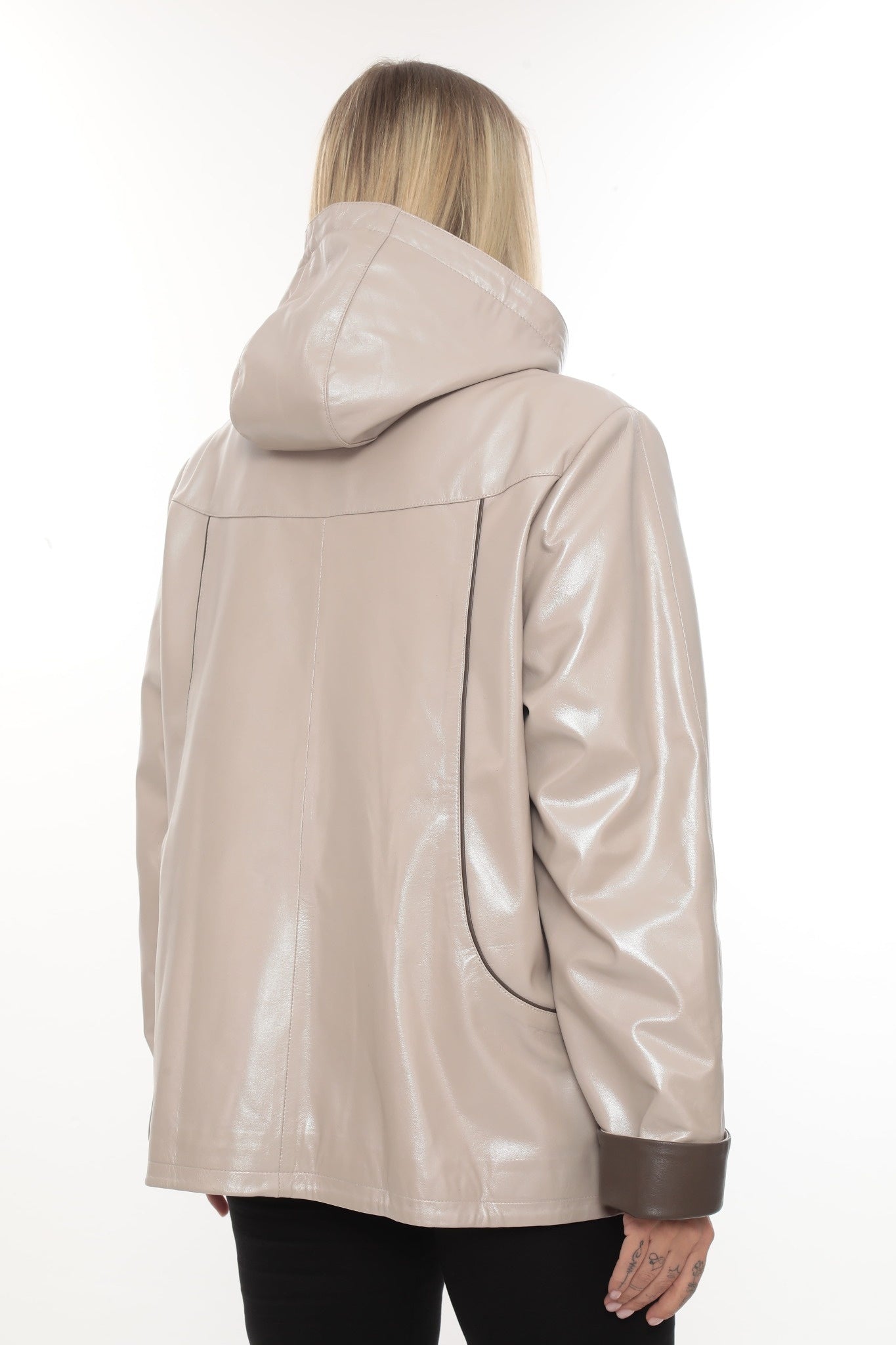 LOOREY Beige Genuine Lambskin Leather Hooded Jacket