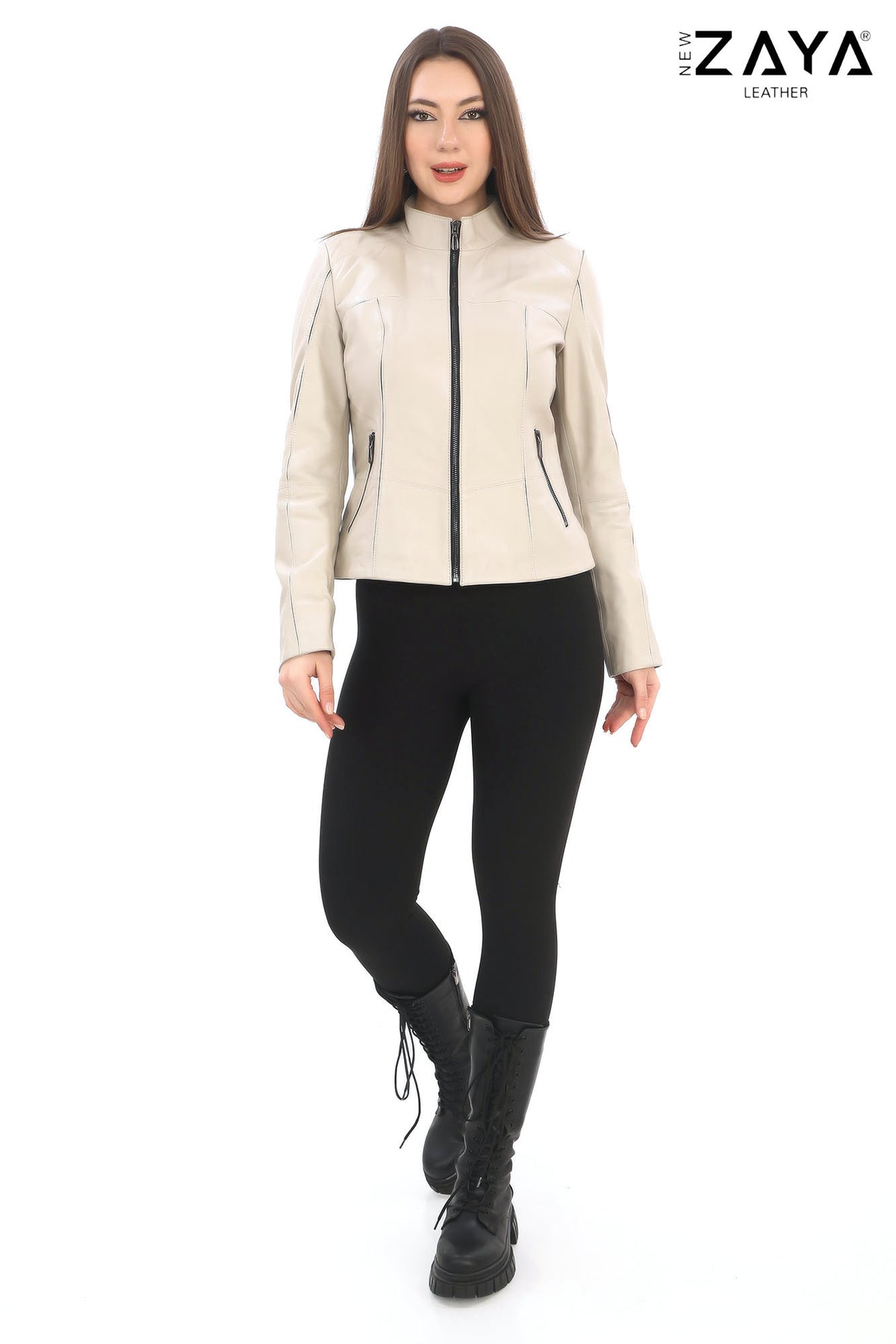 ELara Women’s Beige Genuine Leather Jacket