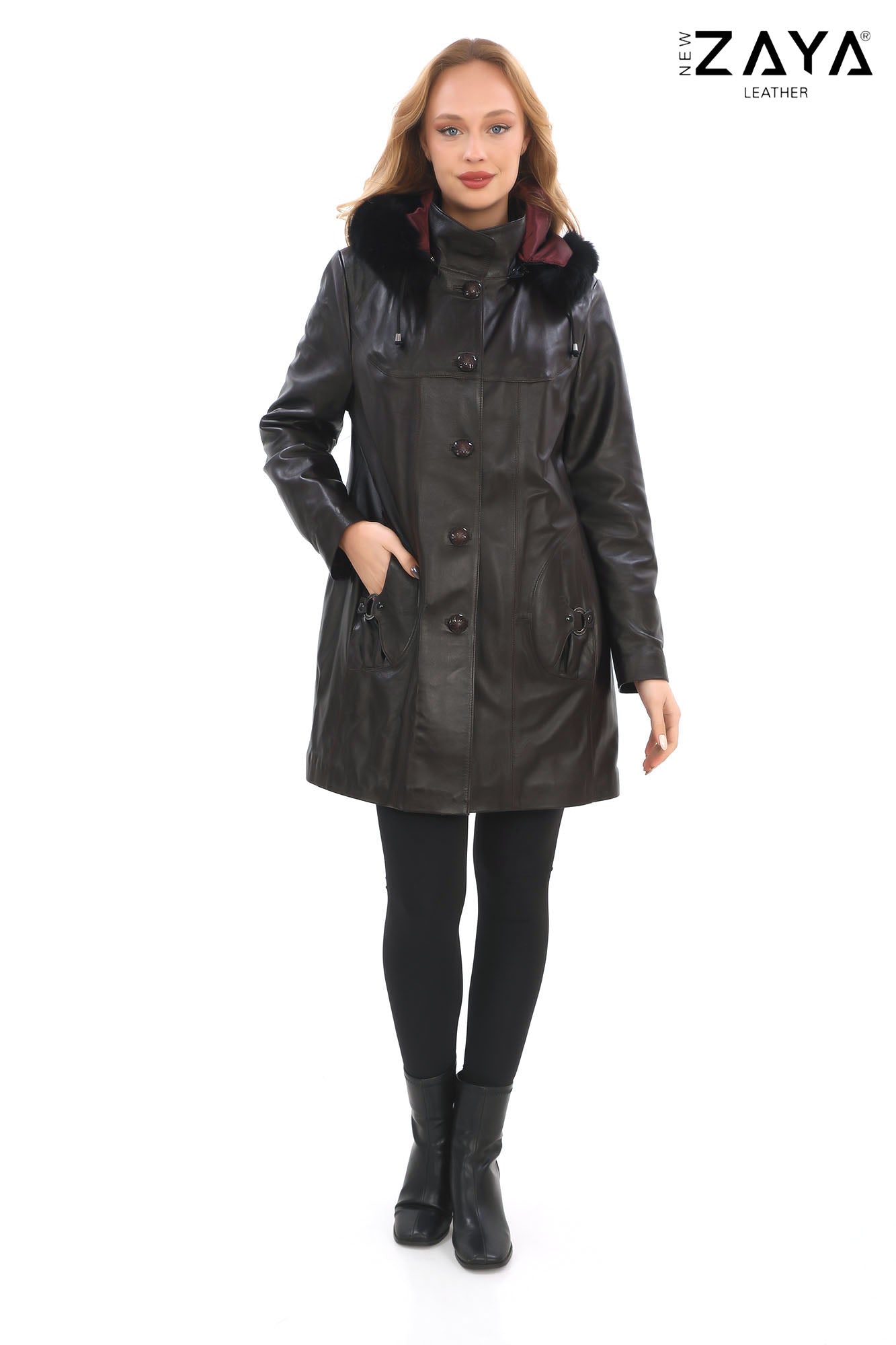 VELMORA NOIR – Fur Hooded Leather Trench Coat Claret Red