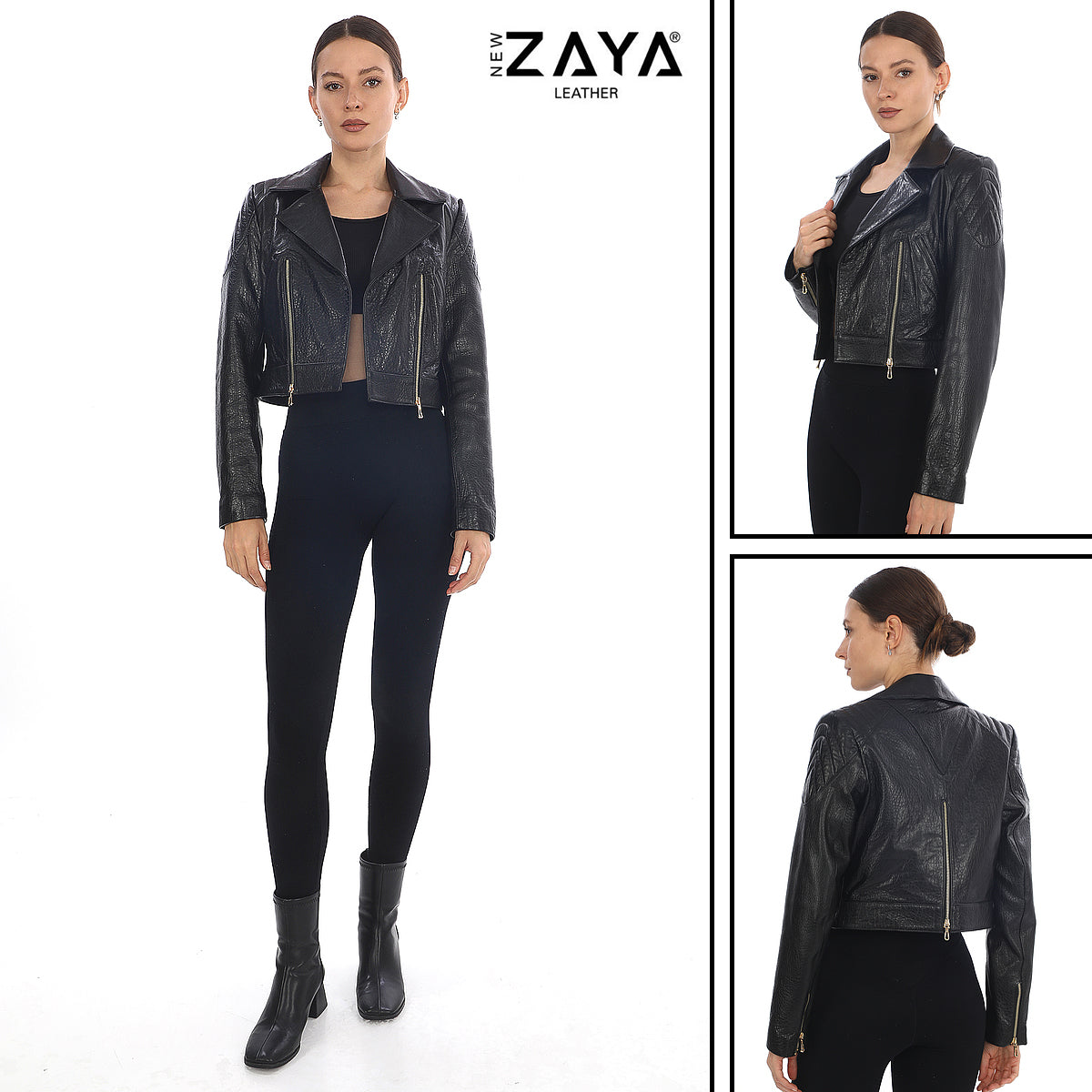 ÉCLAT NOIR – Cropped Leather Moto Jacket Black Jumbo
