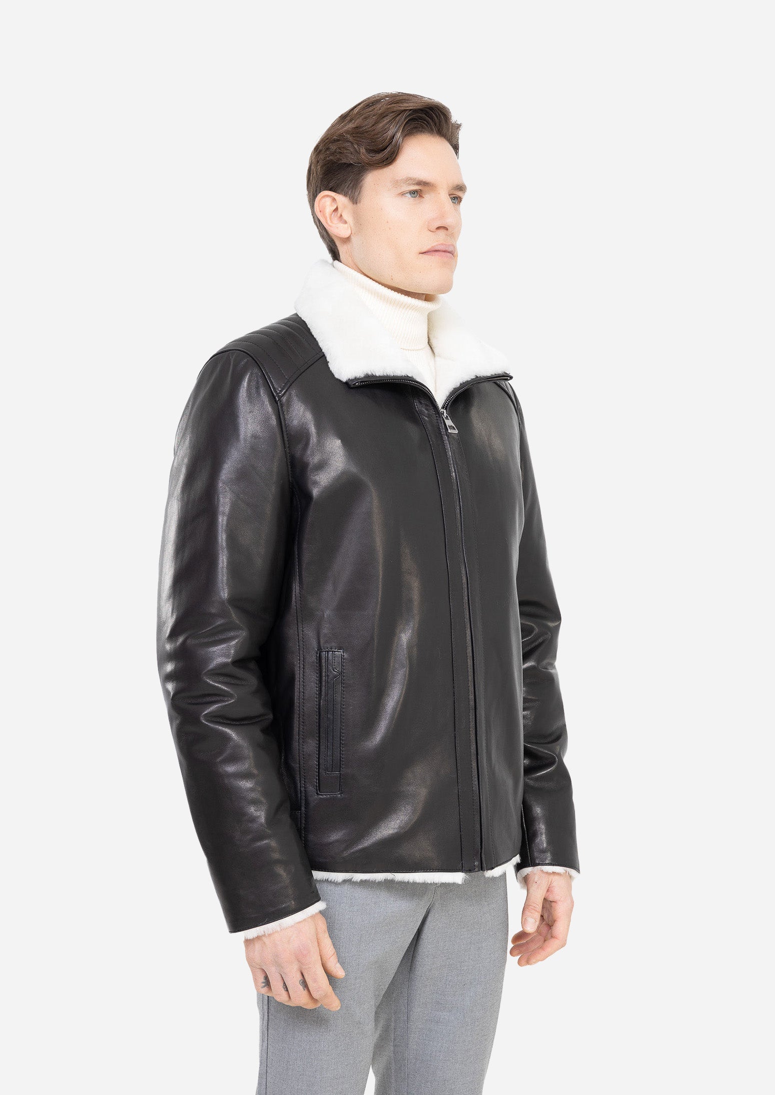 Livigno Genuine Lambskin Black Leather Jacket with Quilted Shoulder Panels and White Shearling Trim Black