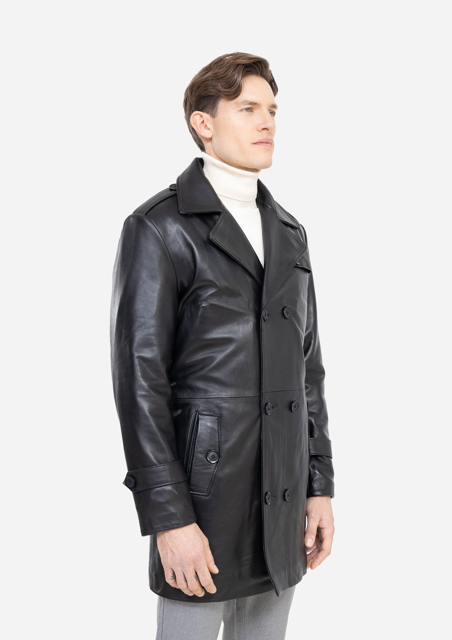 LUCK Black Genuine Lambskin Leather Trench Coat