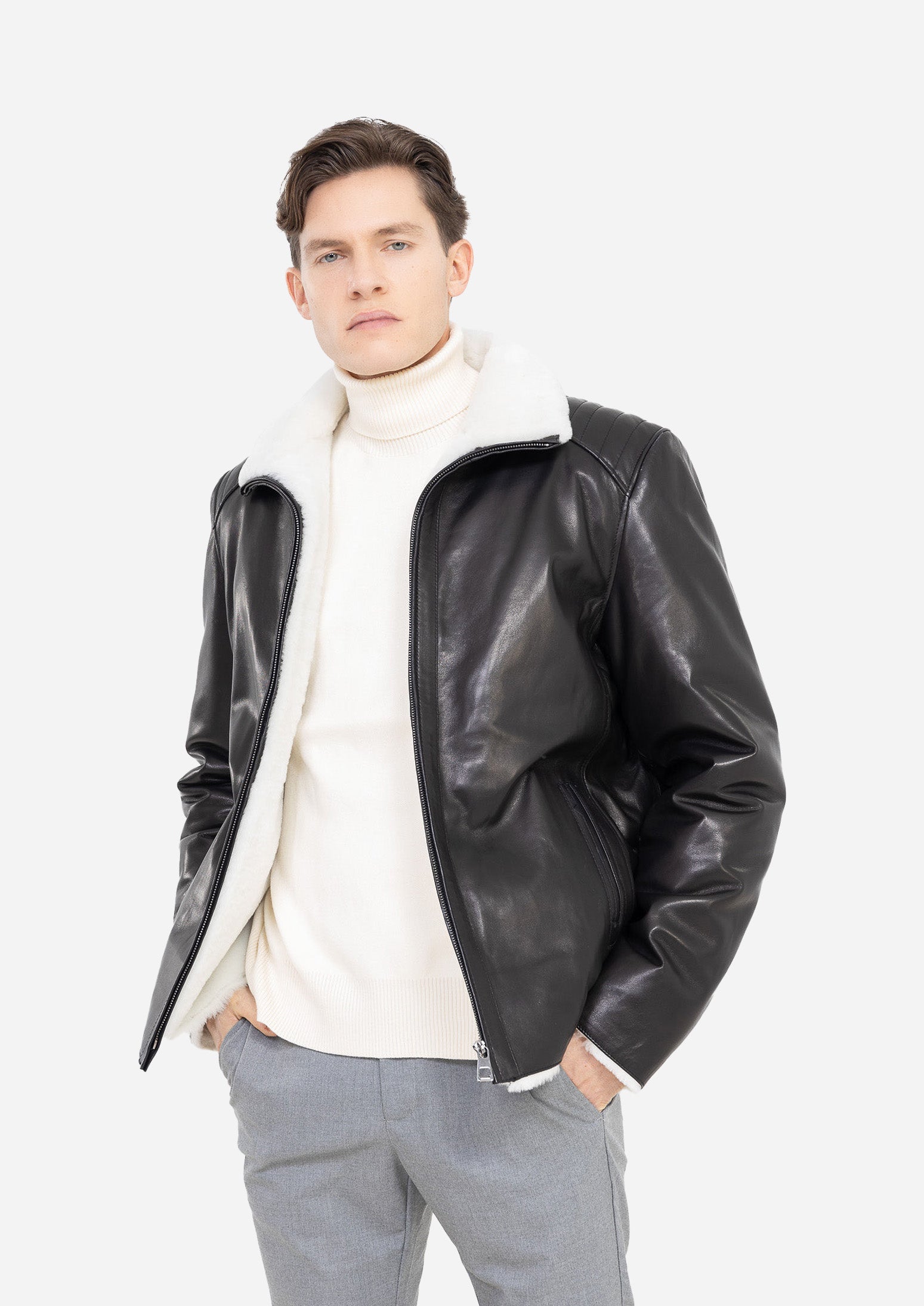 Livigno Genuine Lambskin Black Leather Jacket with Quilted Shoulder Panels and White Shearling Trim Black