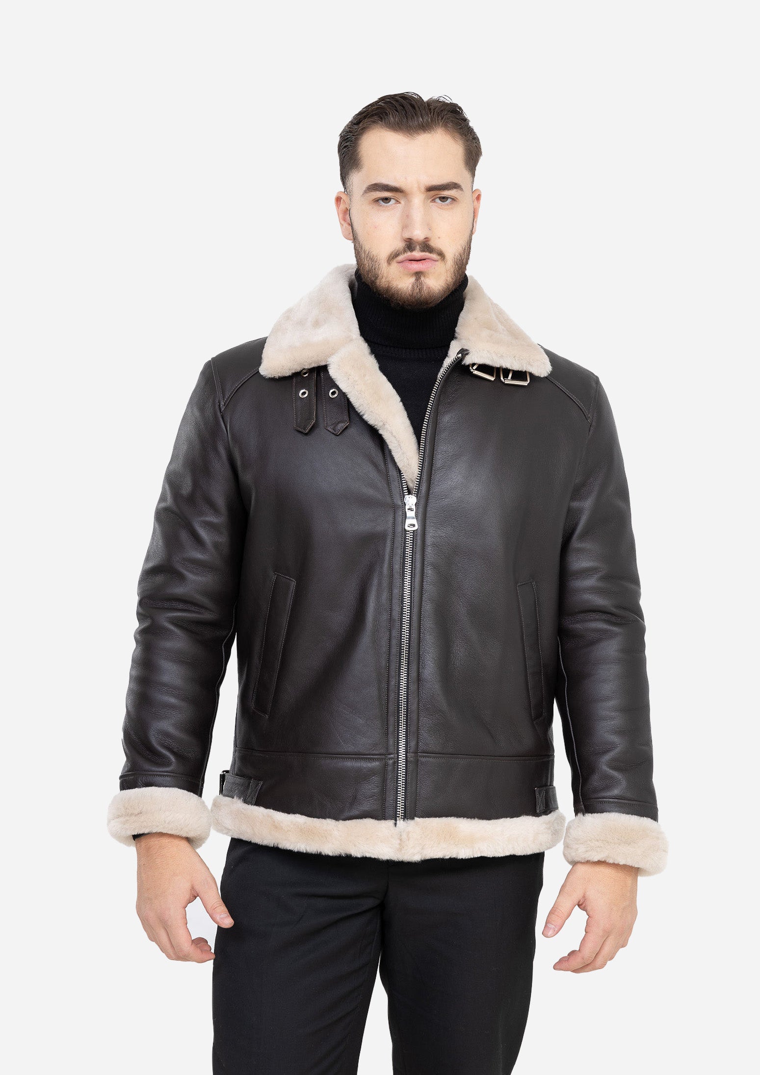 Cortina Genuine Lambskin Dark Brown Leather Aviator Jacket with Authentic Cream Fox Fur Trim