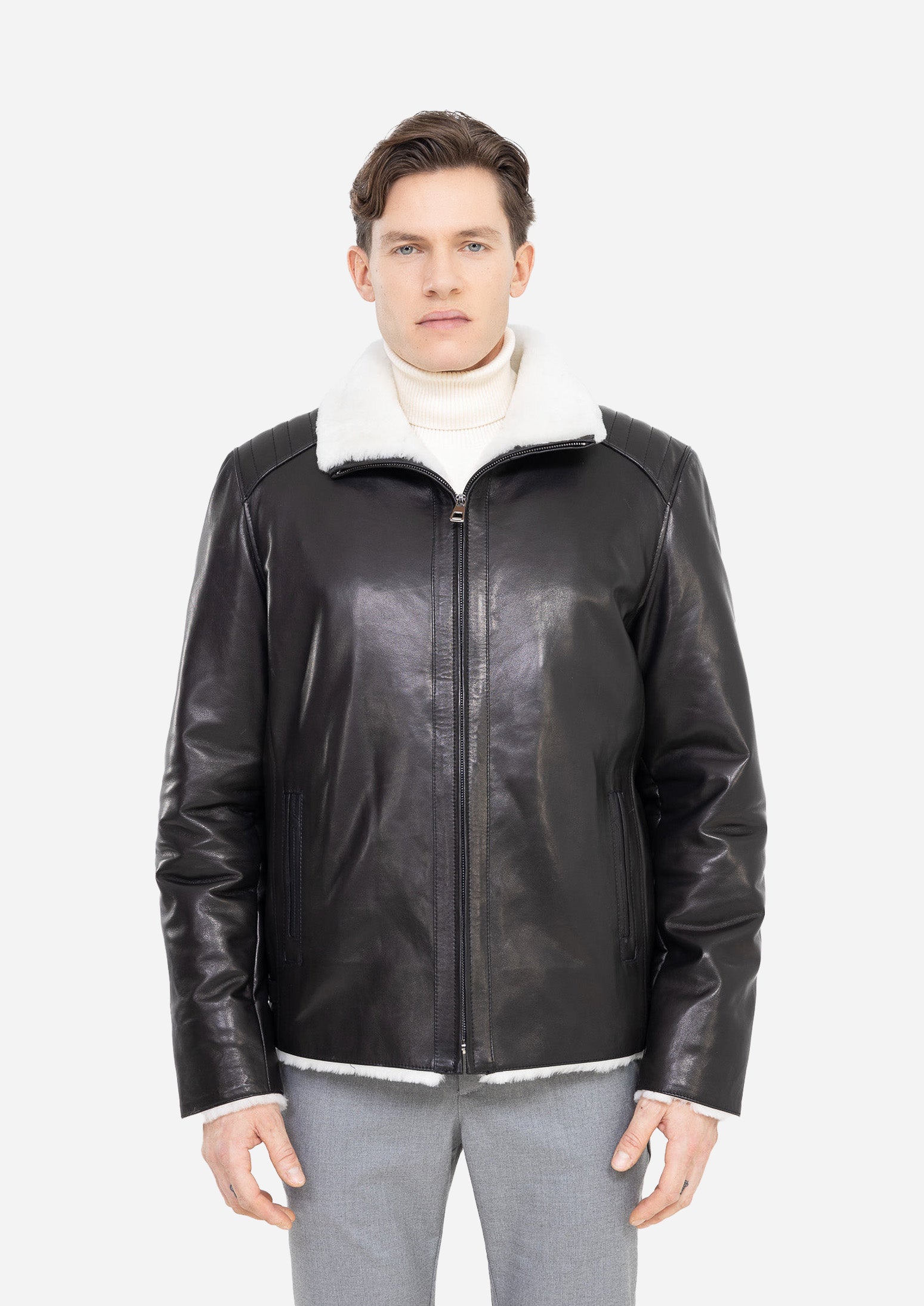 Livigno Genuine Lambskin Black Leather Jacket with Quilted Shoulder Panels and White Shearling Trim Black