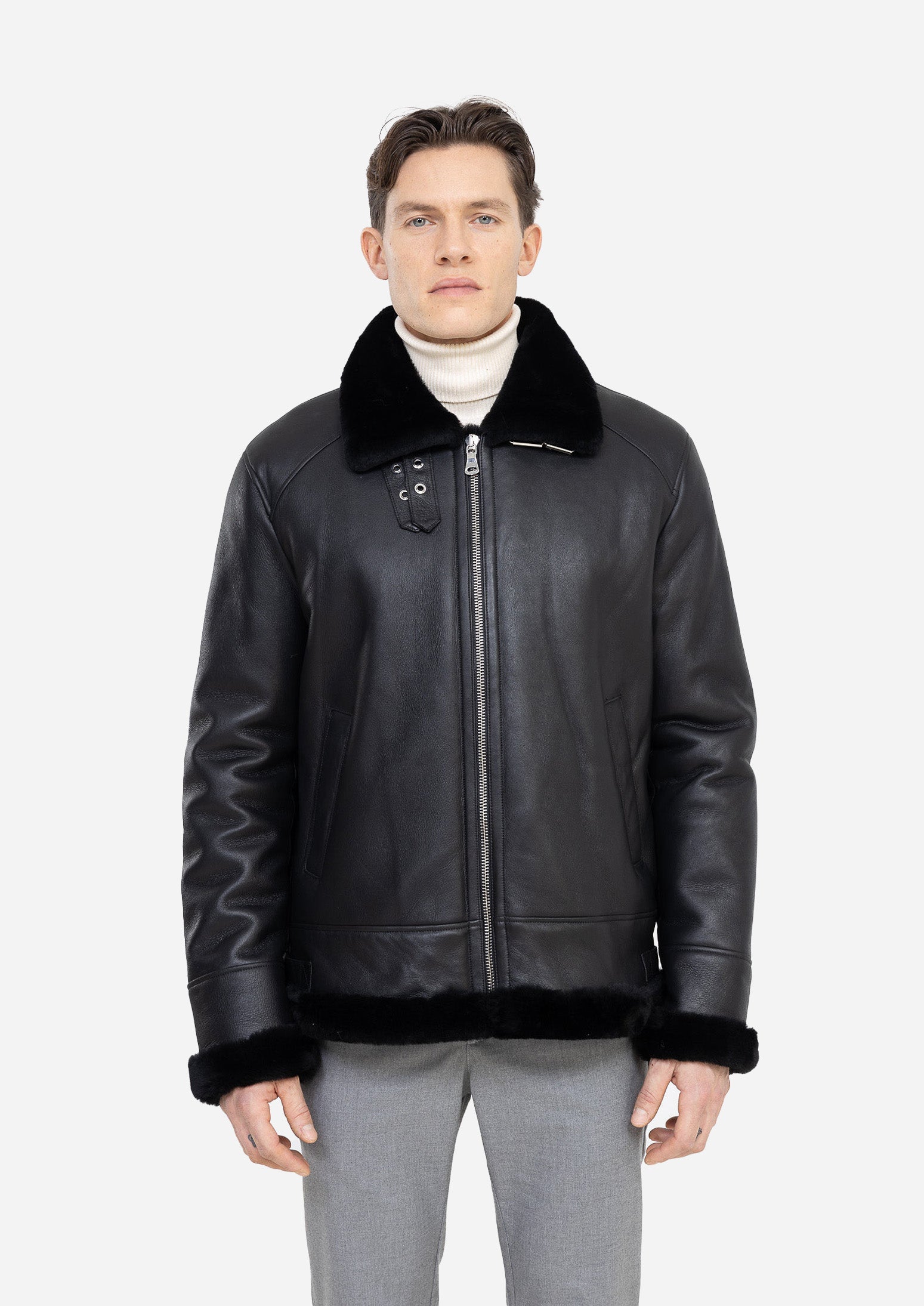 Cortina Genuine Lambskin Black Leather Aviator Jacket with Authentic Fox Fur Trim