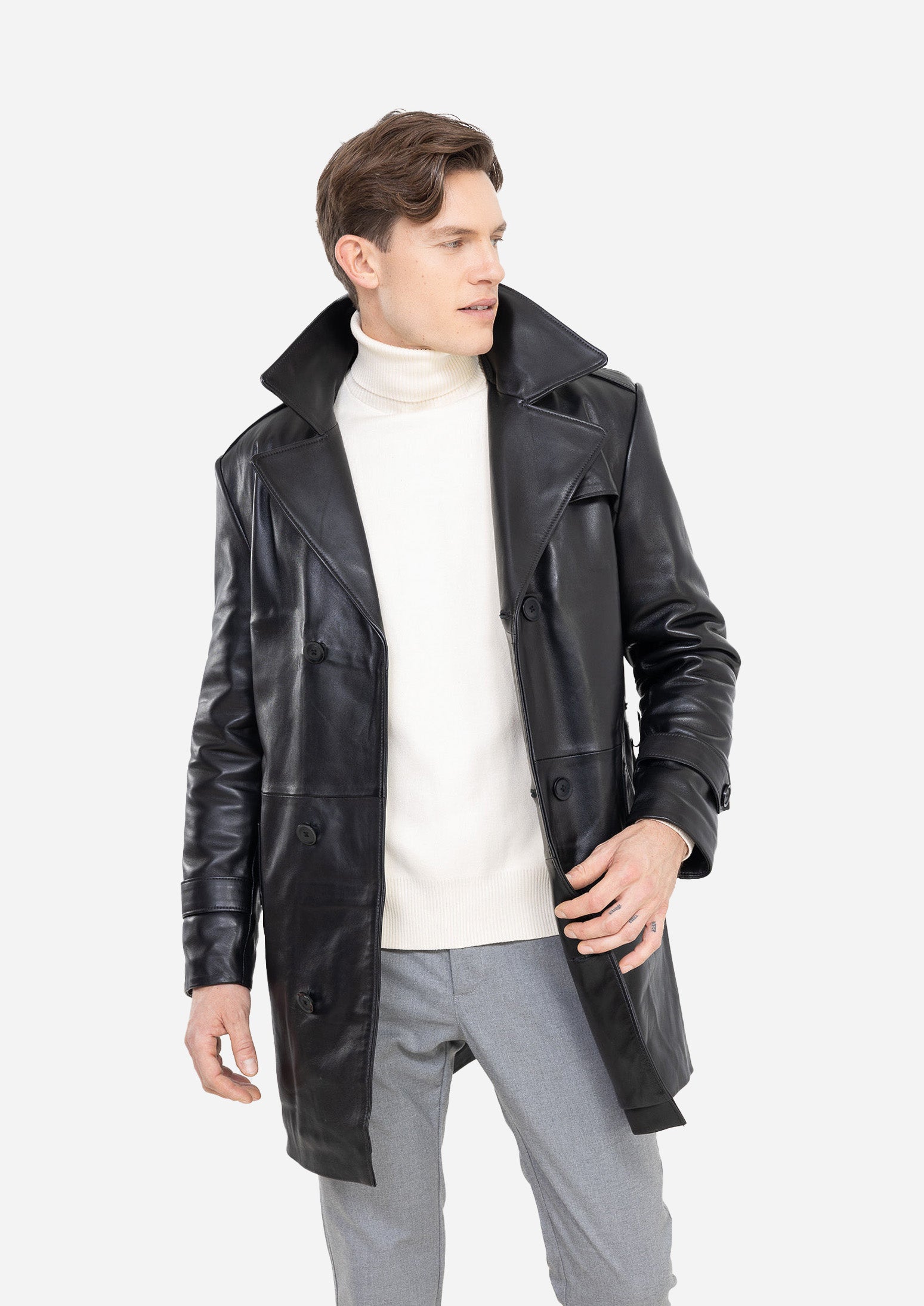 LUCK Black Genuine Lambskin Leather Trench Coat
