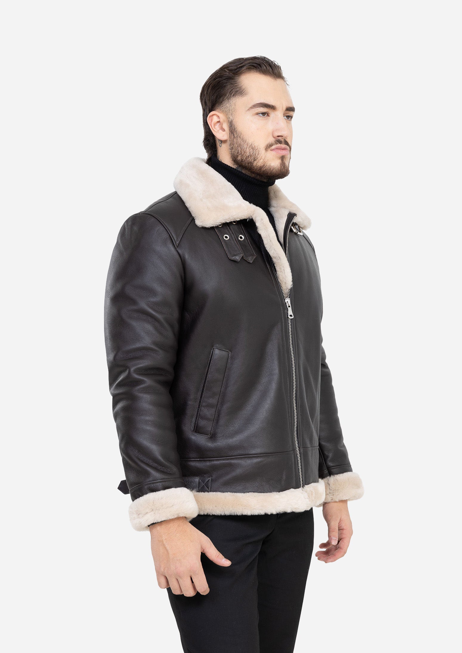 Cortina Genuine Lambskin Dark Brown Leather Aviator Jacket with Authentic Cream Fox Fur Trim