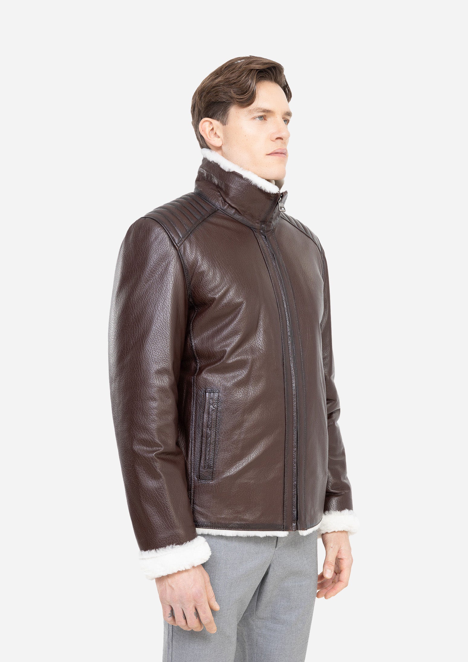 Livigno Genuine Lambskin Black Leather Jacket with Quilted Shoulder Panels and White Shearling Trim Brown