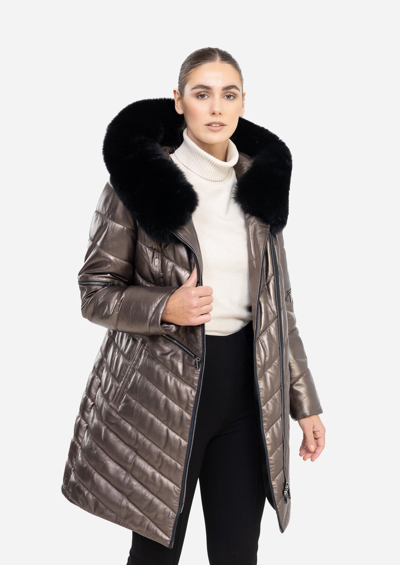 LUNÉVA PEARL BRONZE – Fur Collar Leather Down Puffer Parka