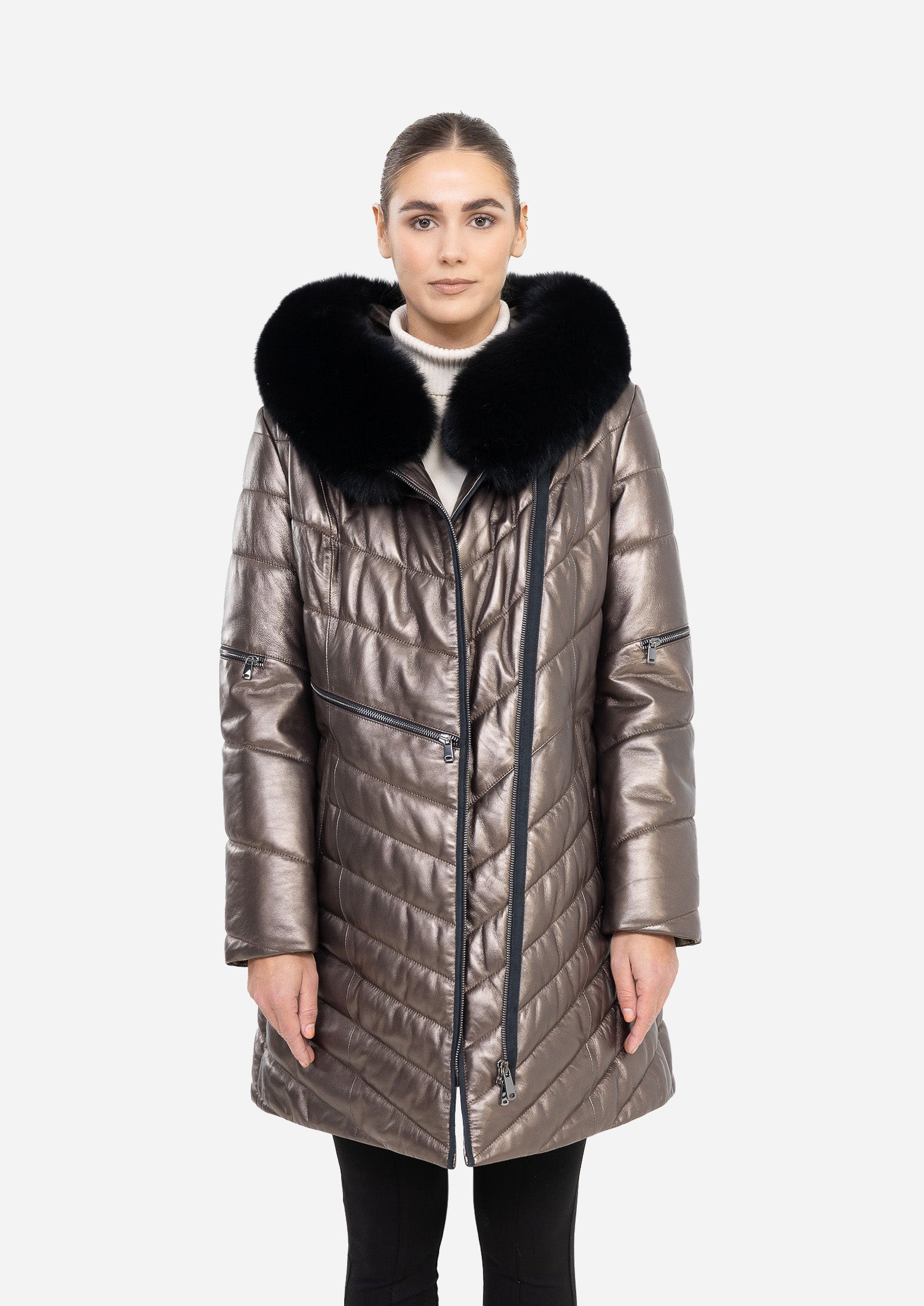 LUNÉVA PEARL BRONZE – Fur Collar Leather Down Puffer Parka