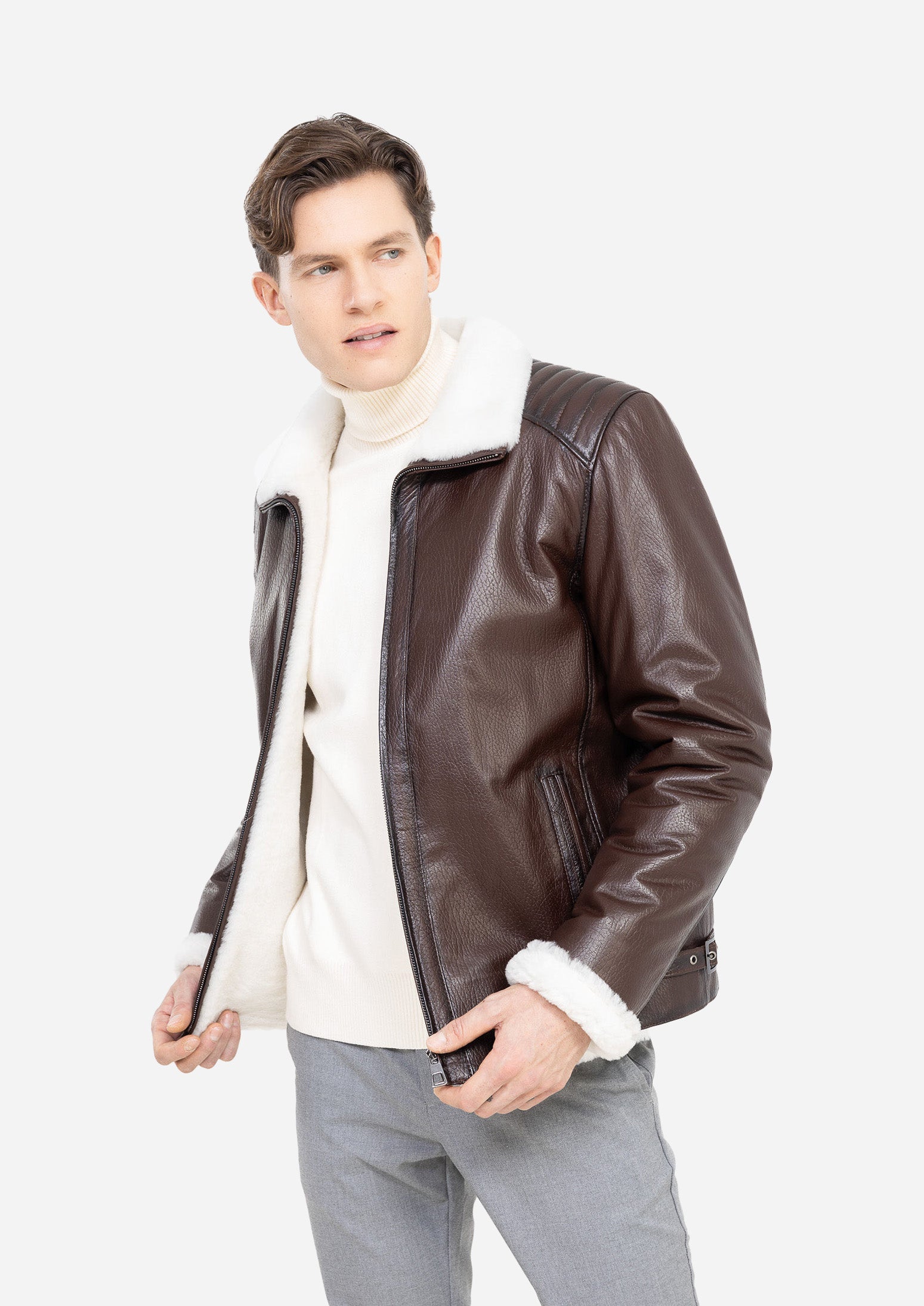 Livigno Genuine Lambskin Black Leather Jacket with Quilted Shoulder Panels and White Shearling Trim Brown