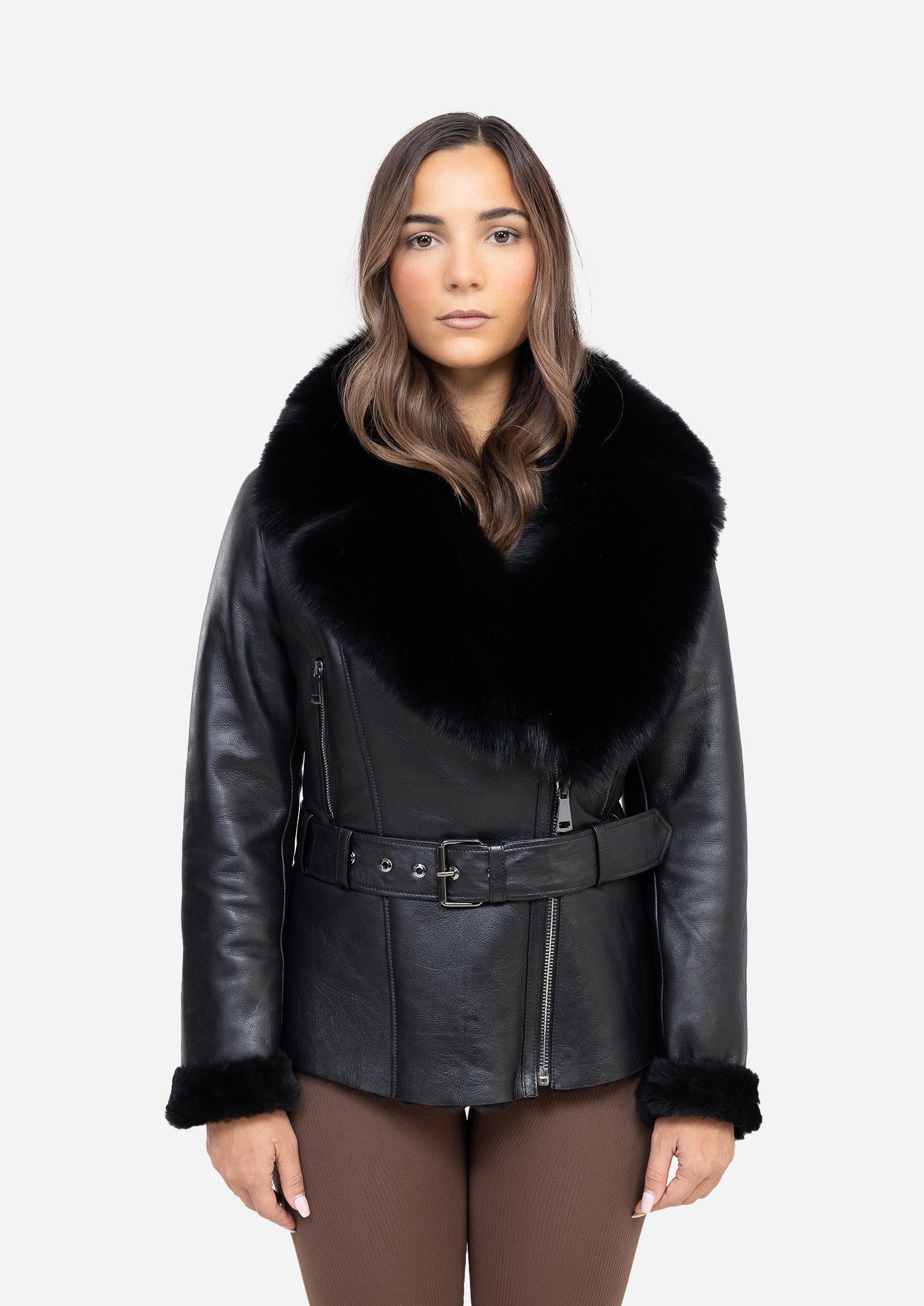 BELLE NOIR – Black Leather Jacket with Oversized Black Fur Collar Black