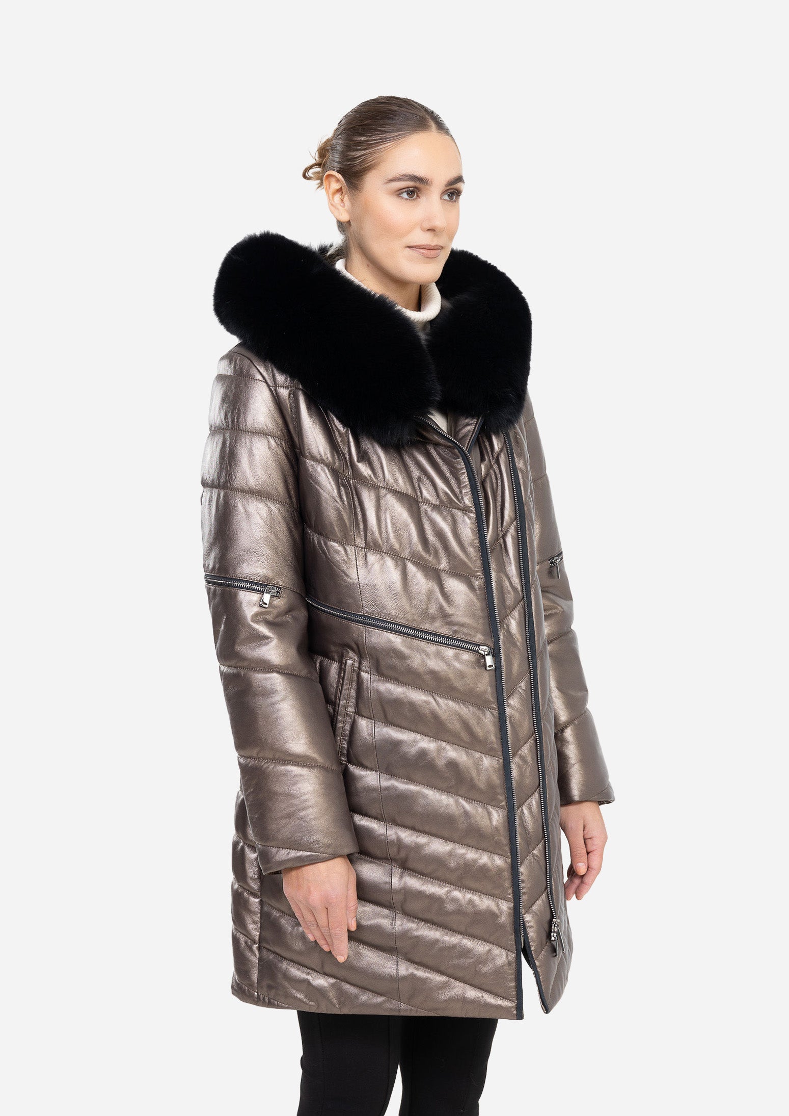 LUNÉVA PEARL BRONZE – Fur Collar Leather Down Puffer Parka