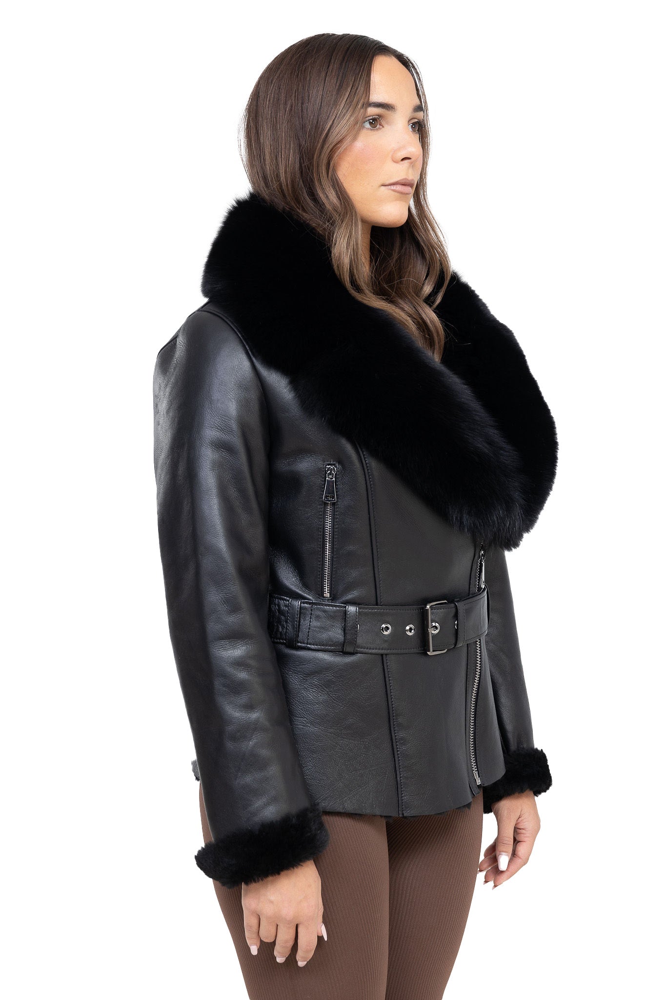 BELLE NOIR – Black Leather Jacket with Oversized Black Fur Collar Black