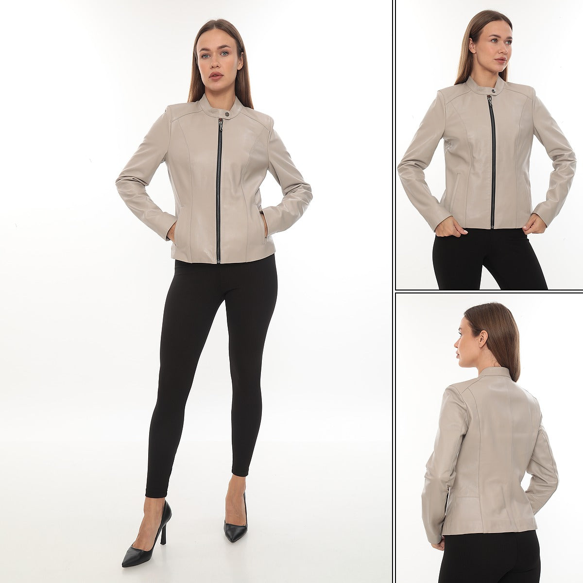 Luna Black Slim Fit Leather Jacket Beige