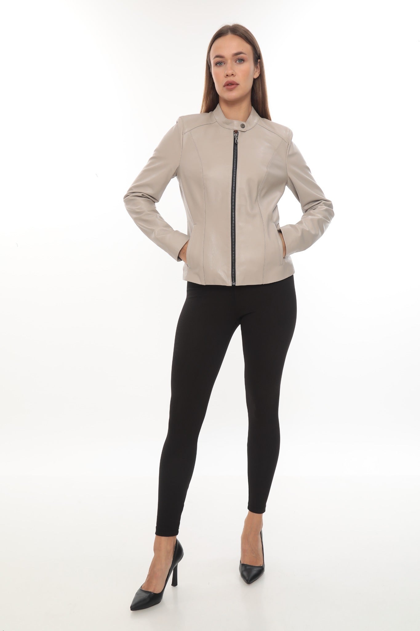 Luna Black Slim Fit Leather Jacket Beige