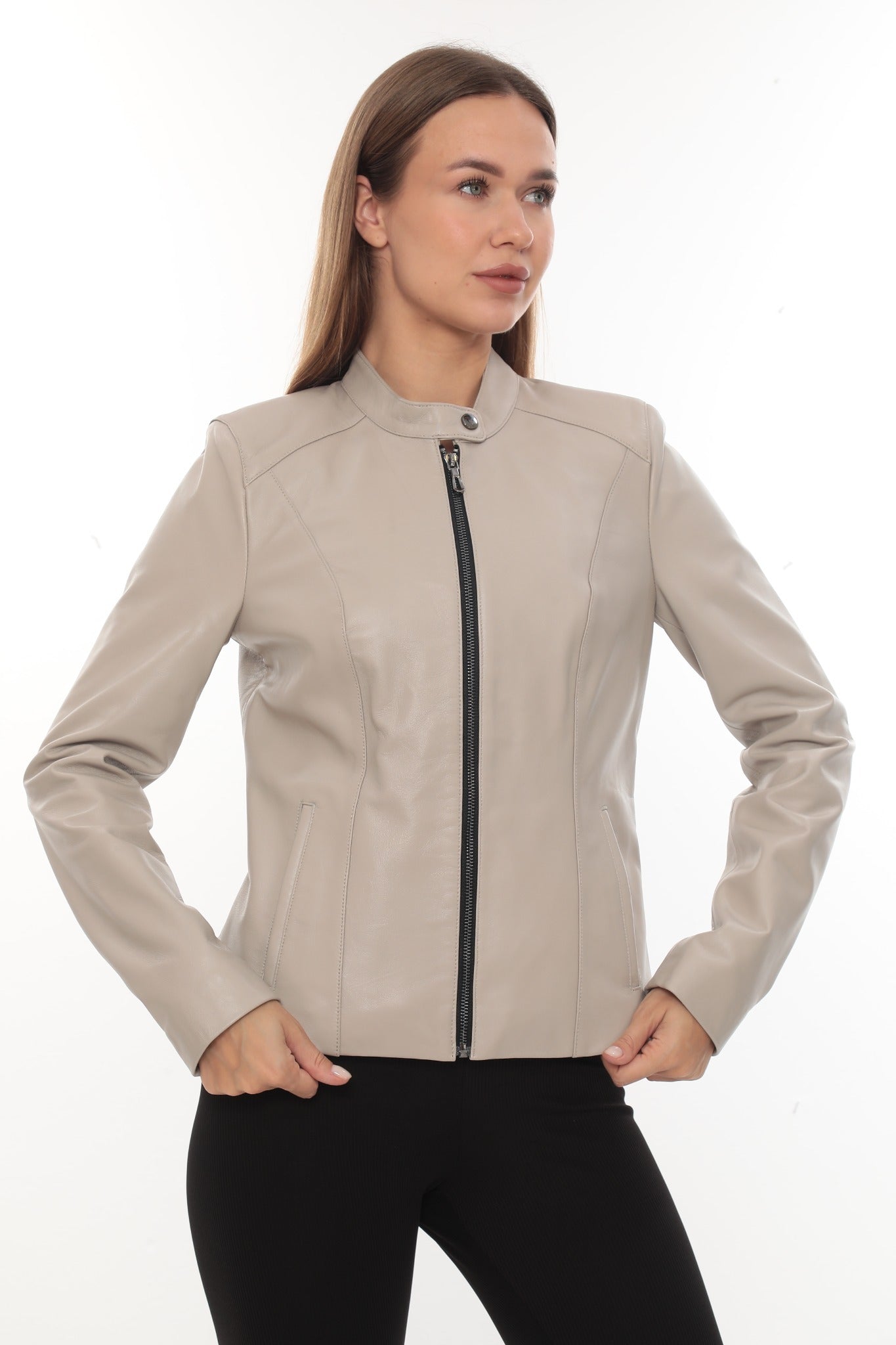 Luna Black Slim Fit Leather Jacket Beige