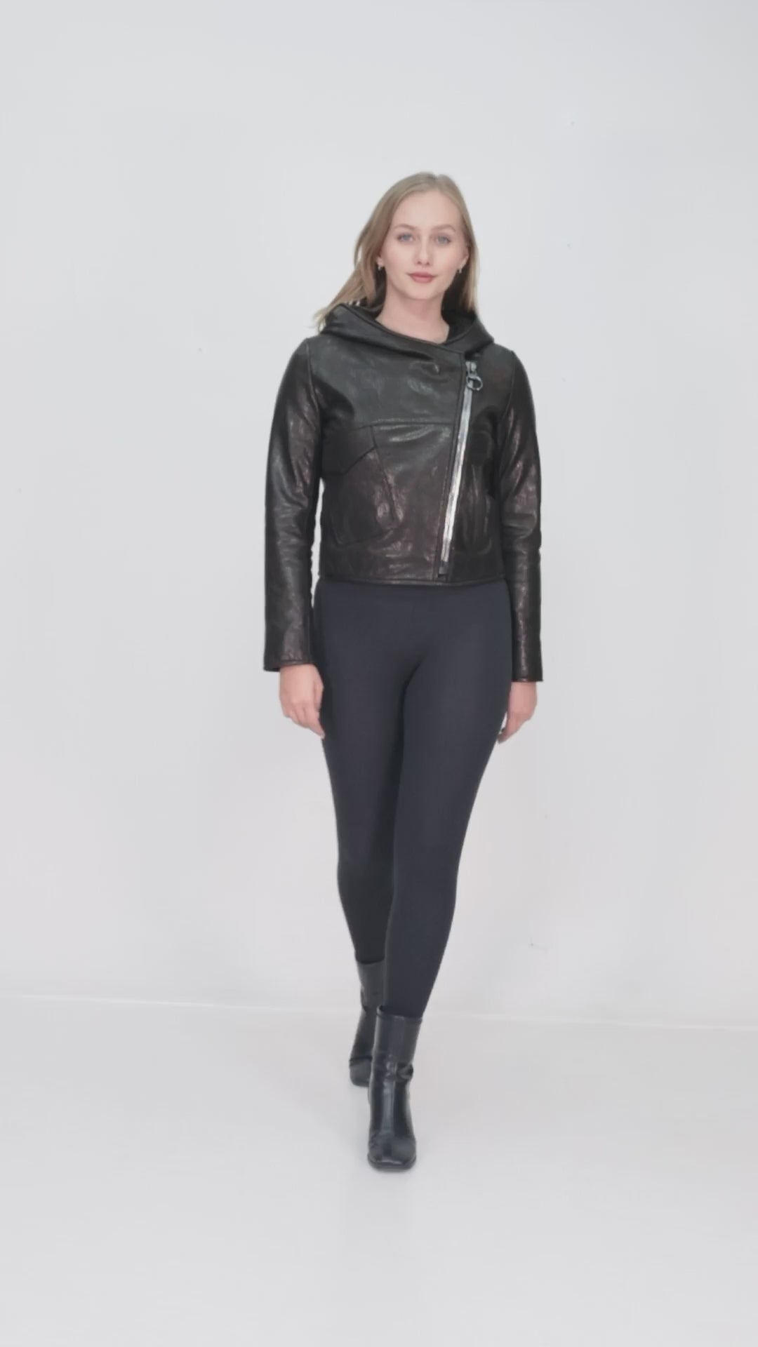 Arvena Black Genuine Leather Hooded Asymmetric Zip Jacket