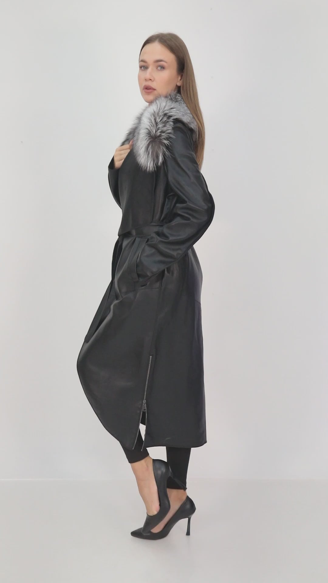 FREYA - REAL FOX FUR COLLAR BLACK GENUINE LAMBSKIN LEATHER LONG COAT
