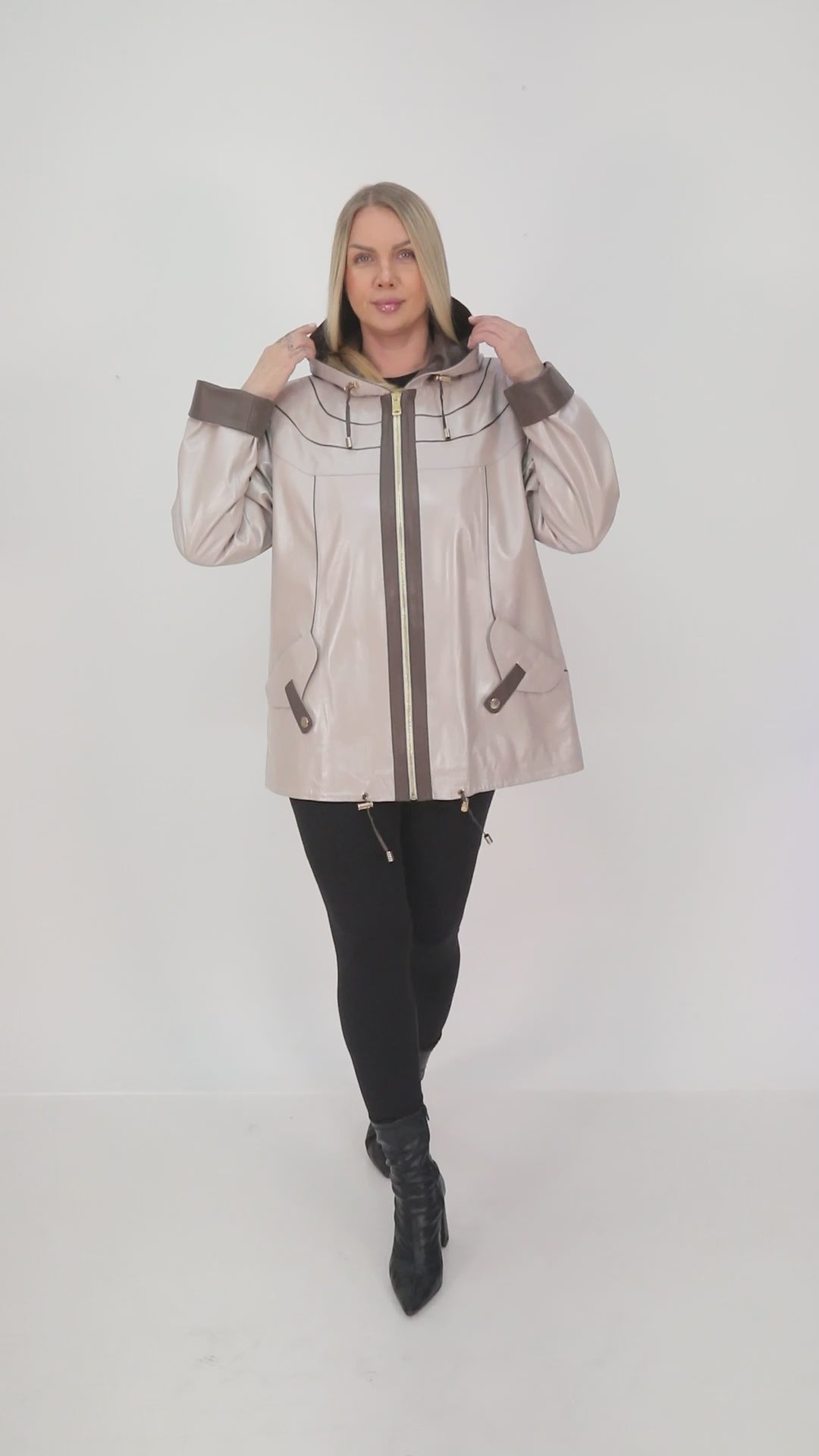 LOOREY Beige Genuine Lambskin Leather Hooded Jacket