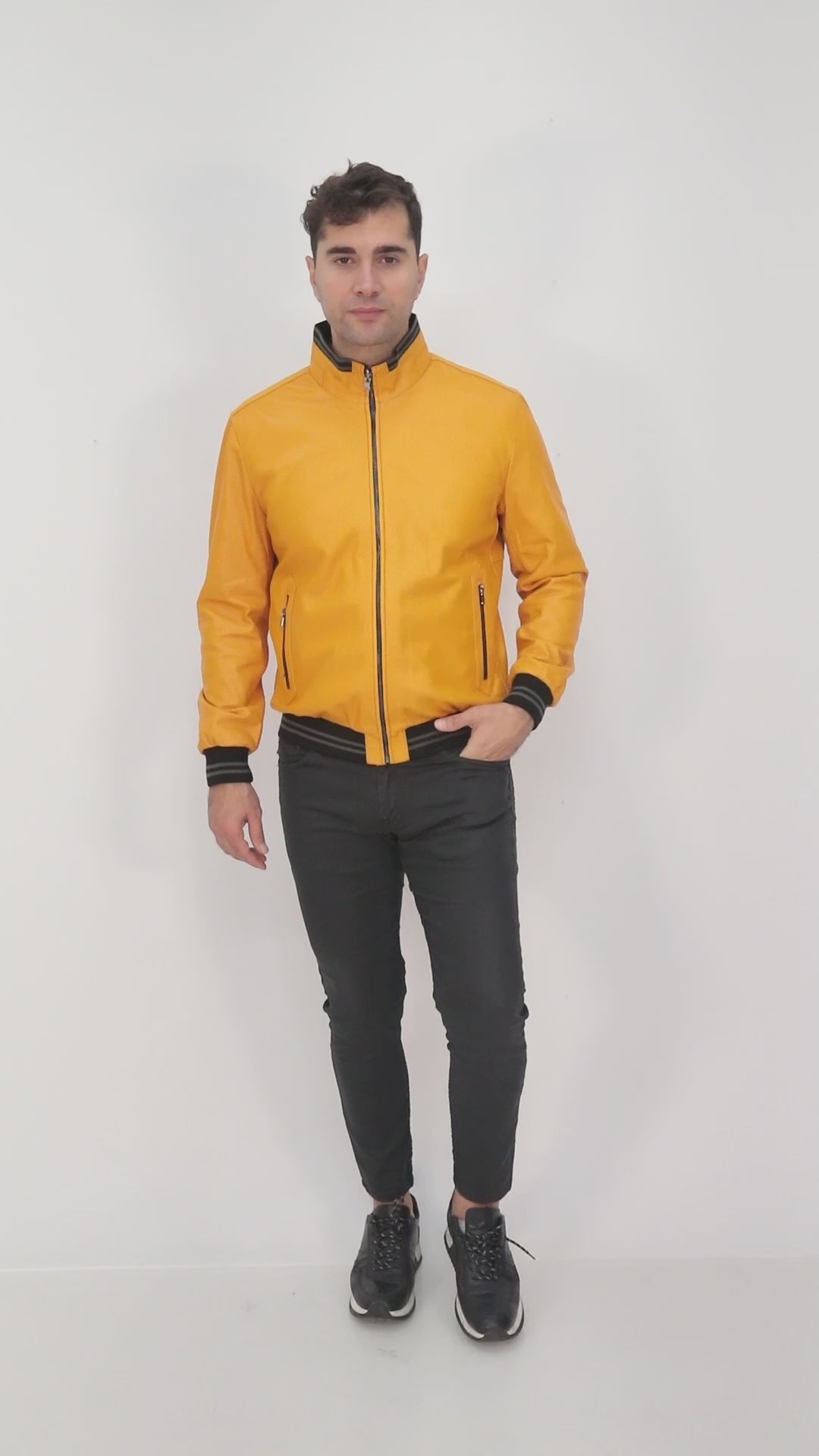 MILLER Black Perforated Genuine Lambskin Leather Bomber Jacket Yellow