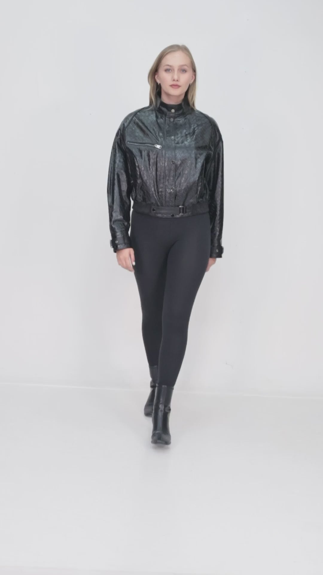 Ravenza Black Woven Genuine Leather Bomber Jacket