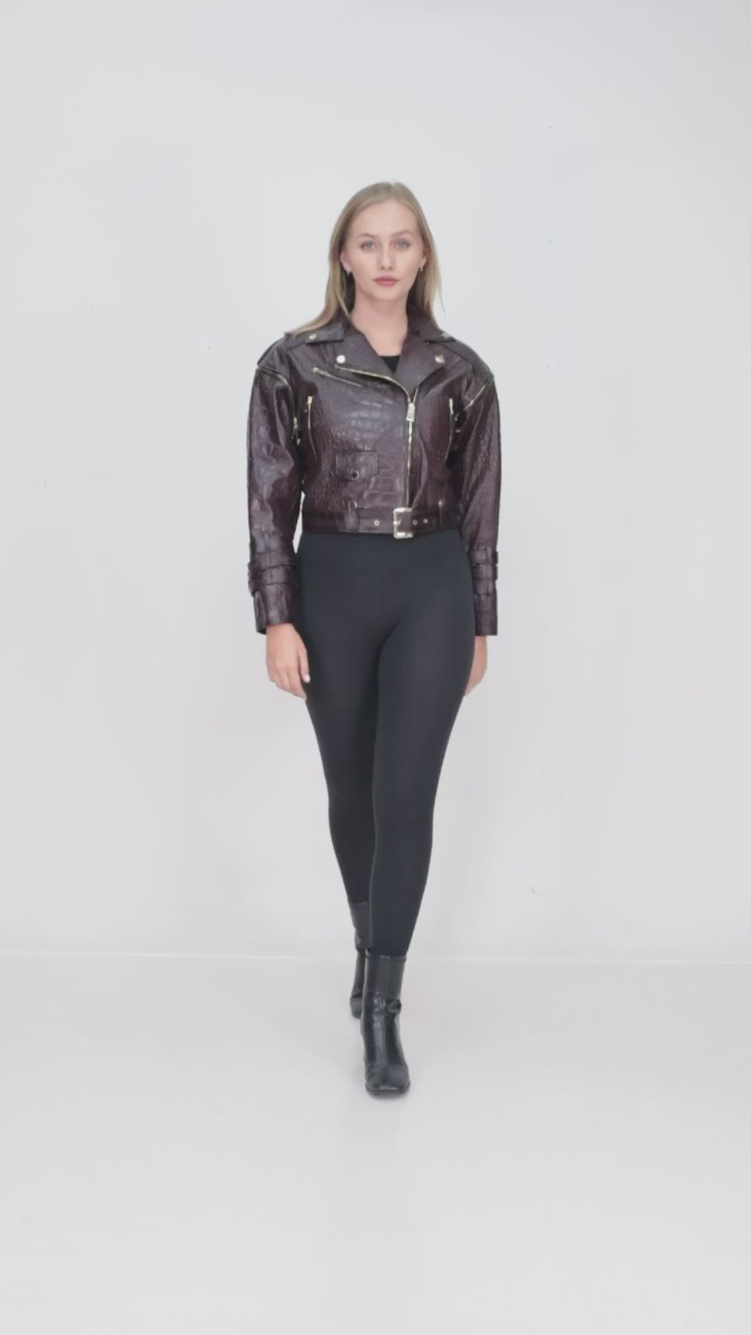 Mirea Burgundy Croc-Embossed Biker Jacket