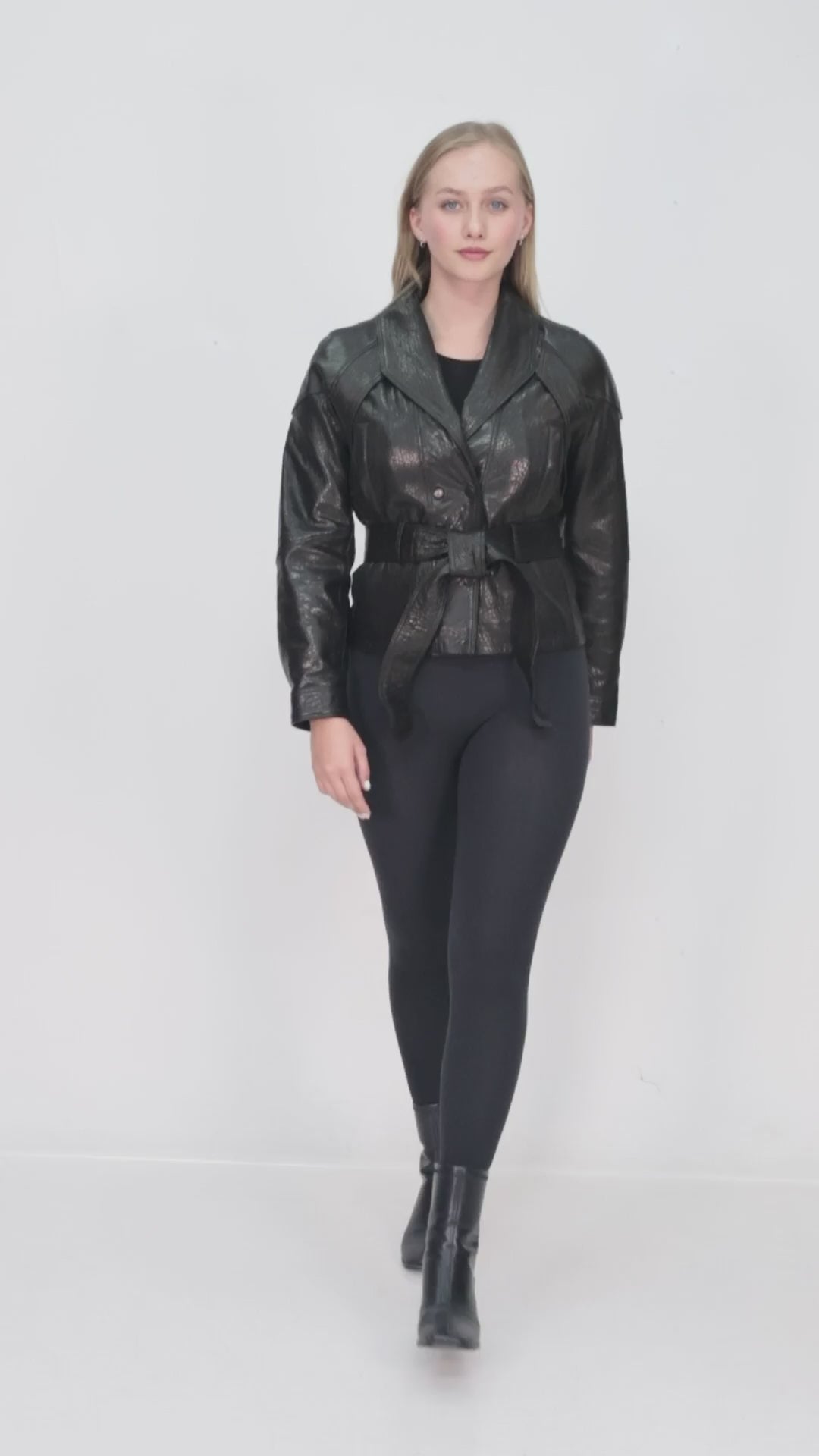Selvara Black Genuine Leather Belted Blazer Jacket