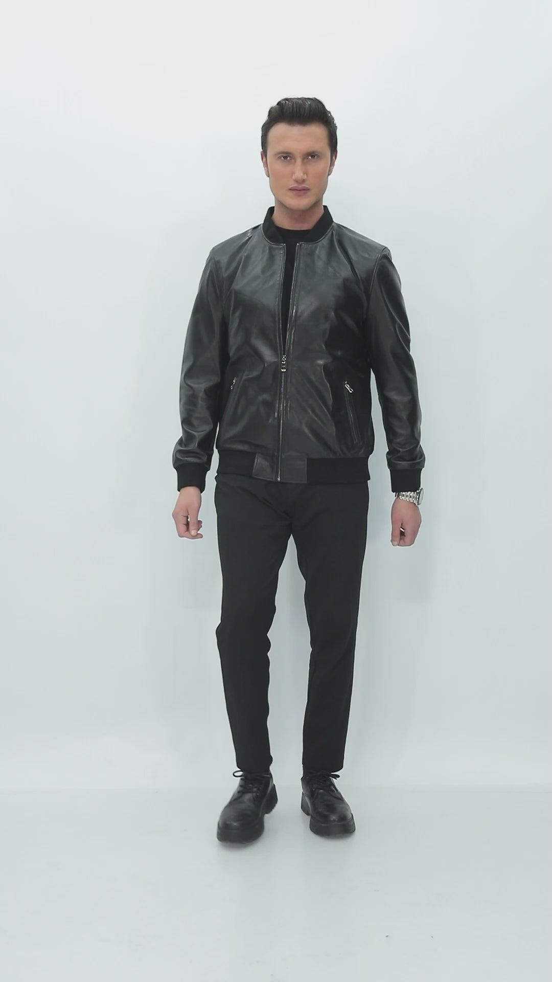 THORNE Black Genuine Leather Bomber Jacket