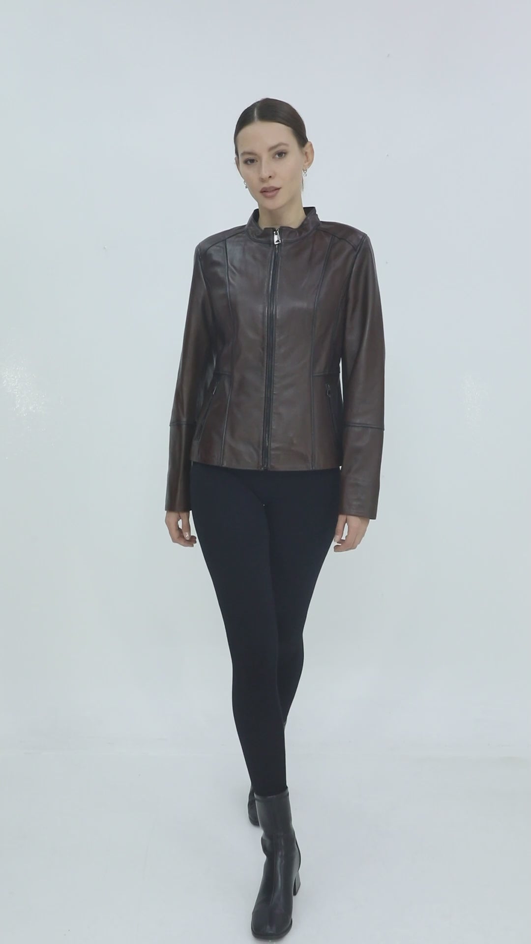 MILANO BLACK GENUINE LEATHER MINIMALIST MANDARIN COLLAR JACKET Brown