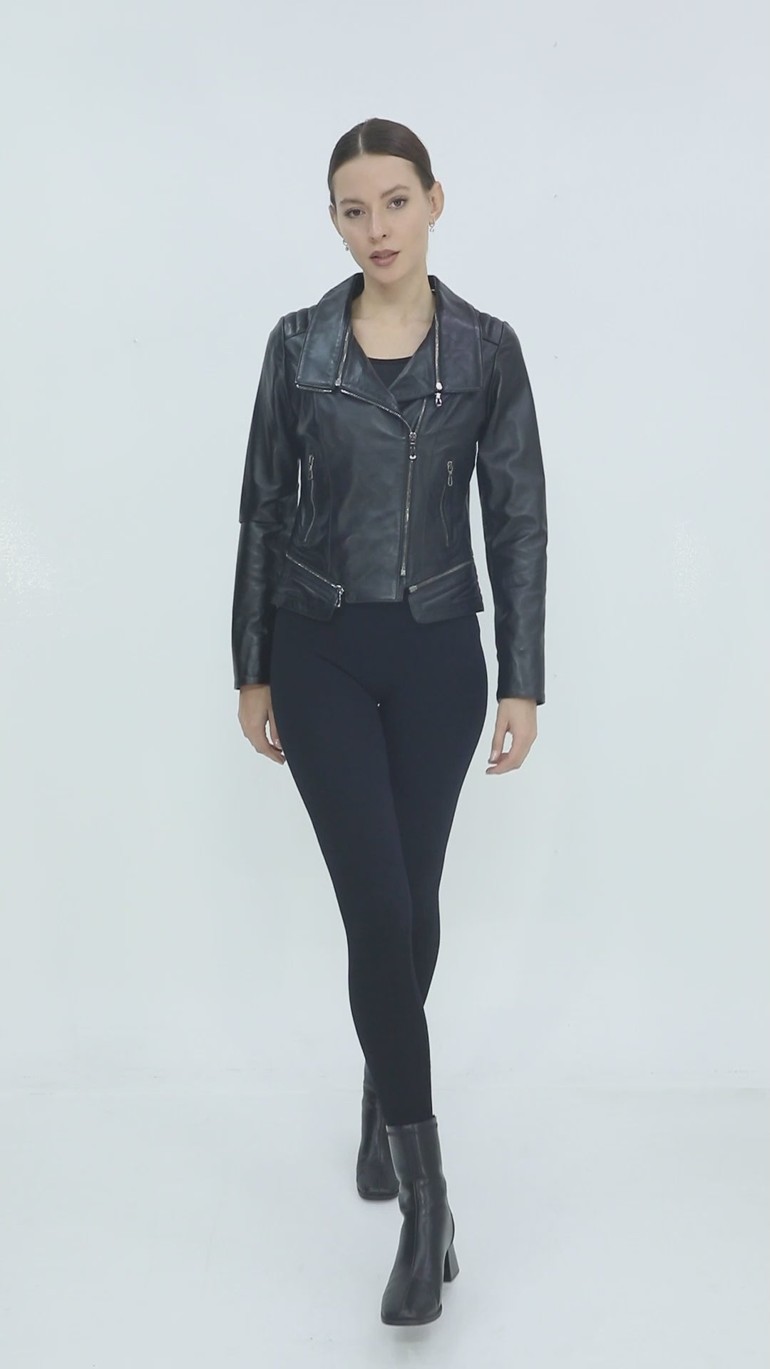 AURÉLIA STONE – Asymmetrical Leather Biker Jacket Black