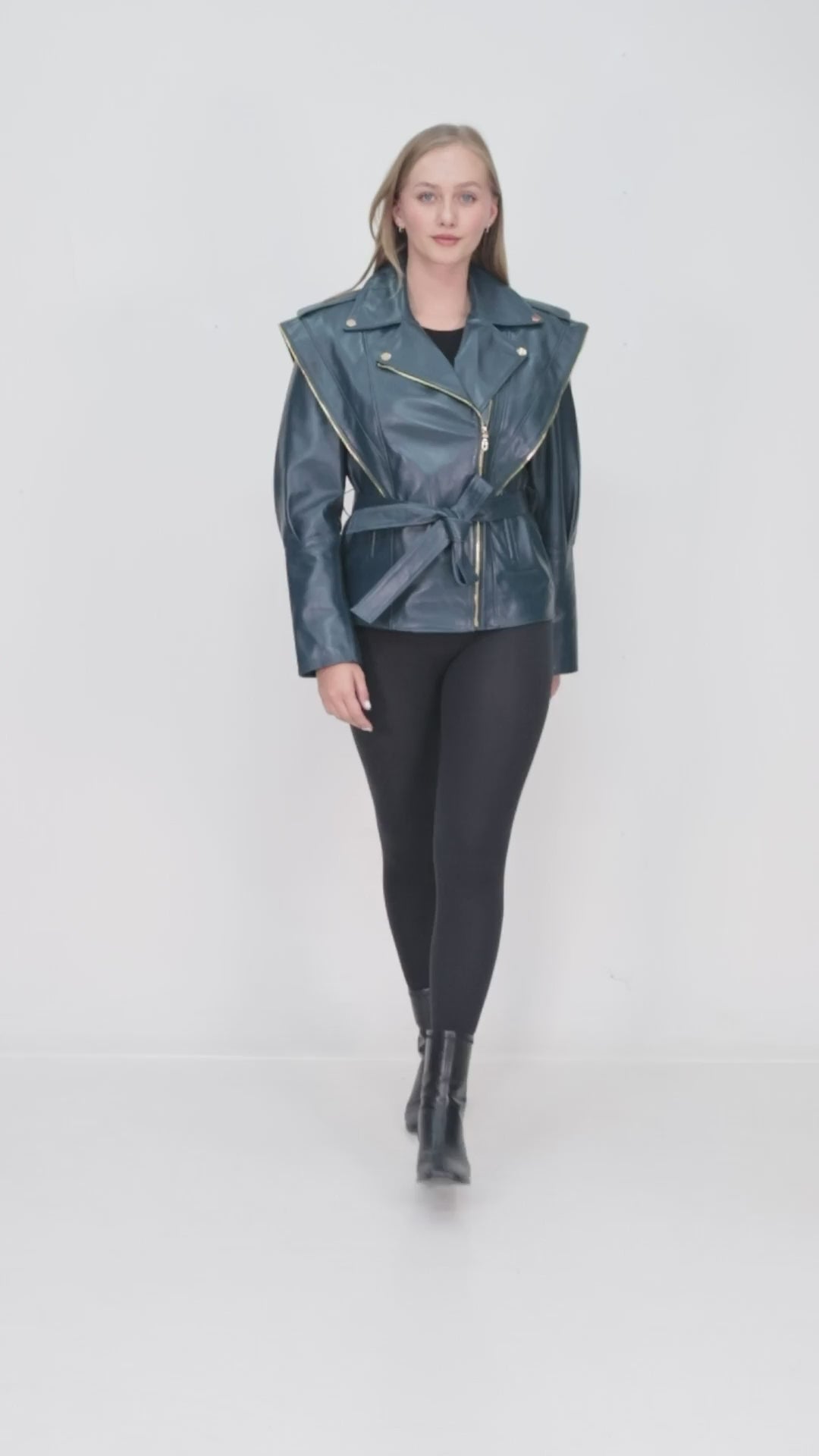 Petrol Blue Belted Genuine Leather Jacket with Zip Shoulder Detail