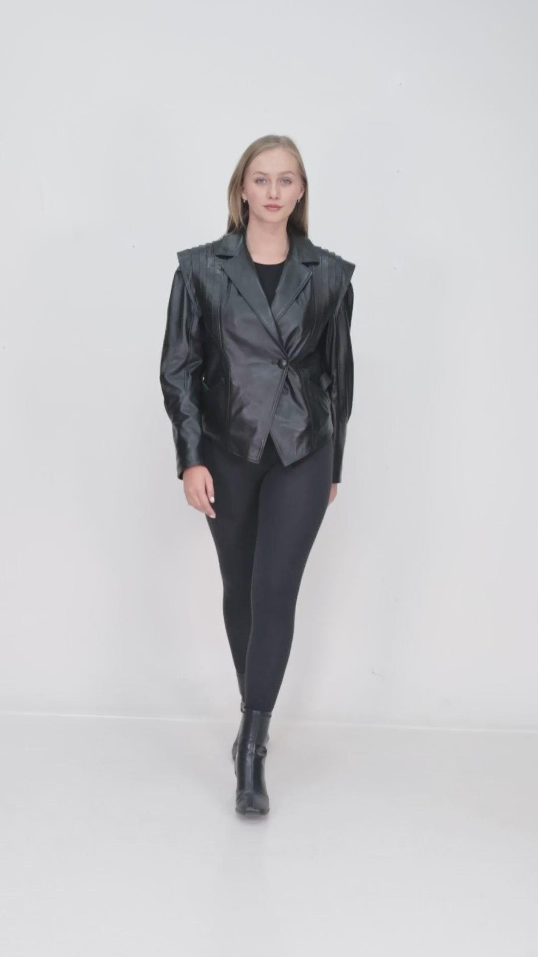 Narelle Black Genuine Leather Structured Shoulder Blazer Jacket