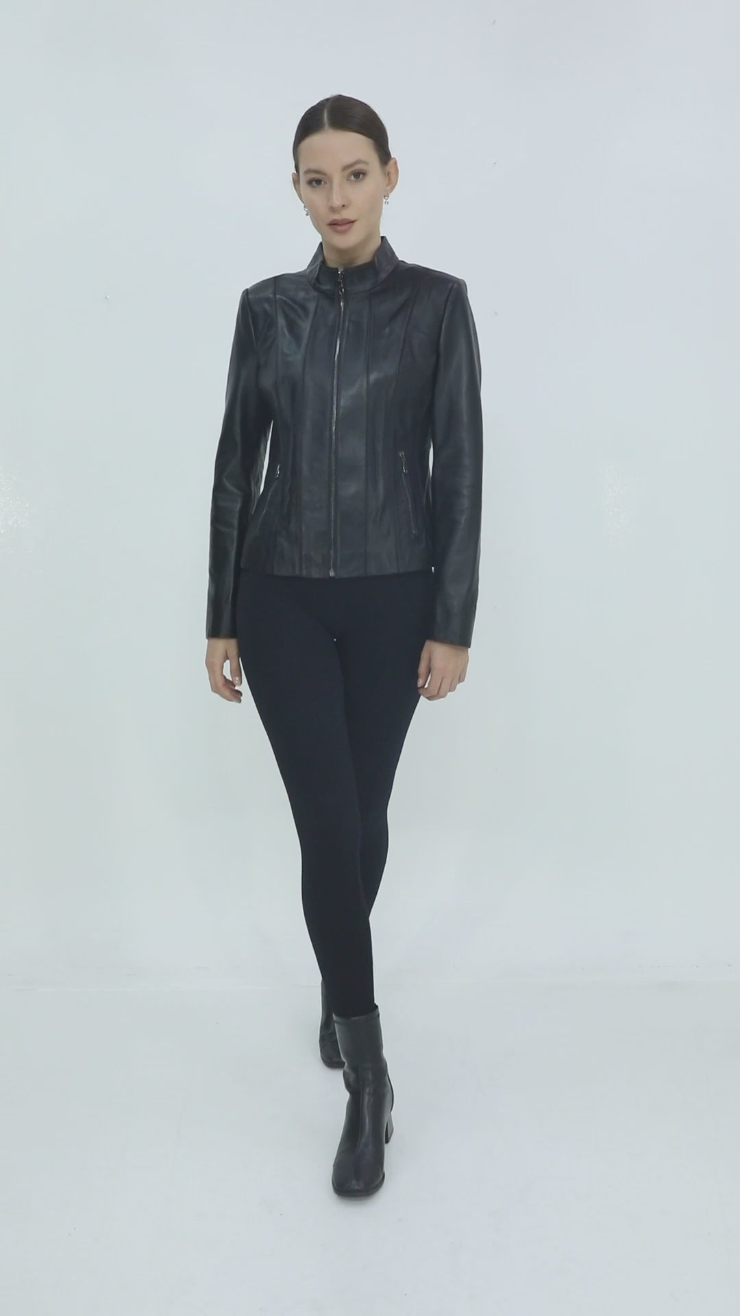 Norelle Genuine Lambskin Black Leather Jacket with Stand Collar and Tailored Fit Black