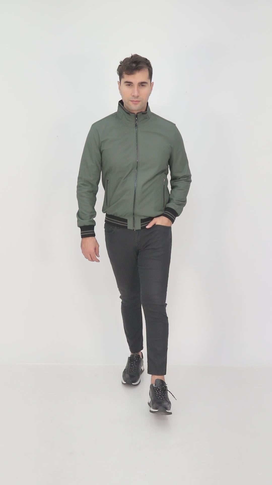 MILLER Black Perforated Genuine Lambskin Leather Bomber Jacket Khaki