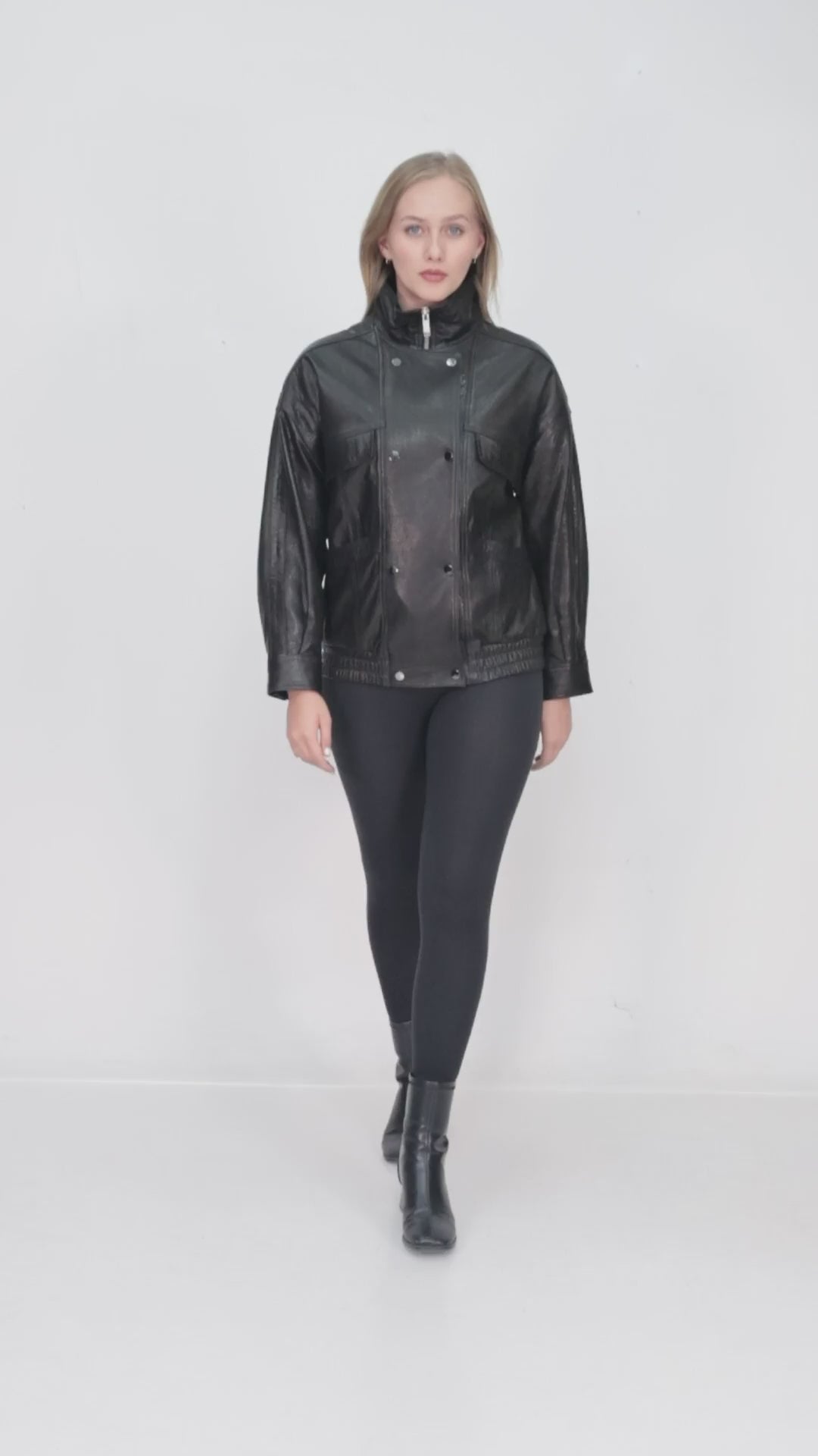 Velara Black Genuine Leather High Neck Utility Jacket