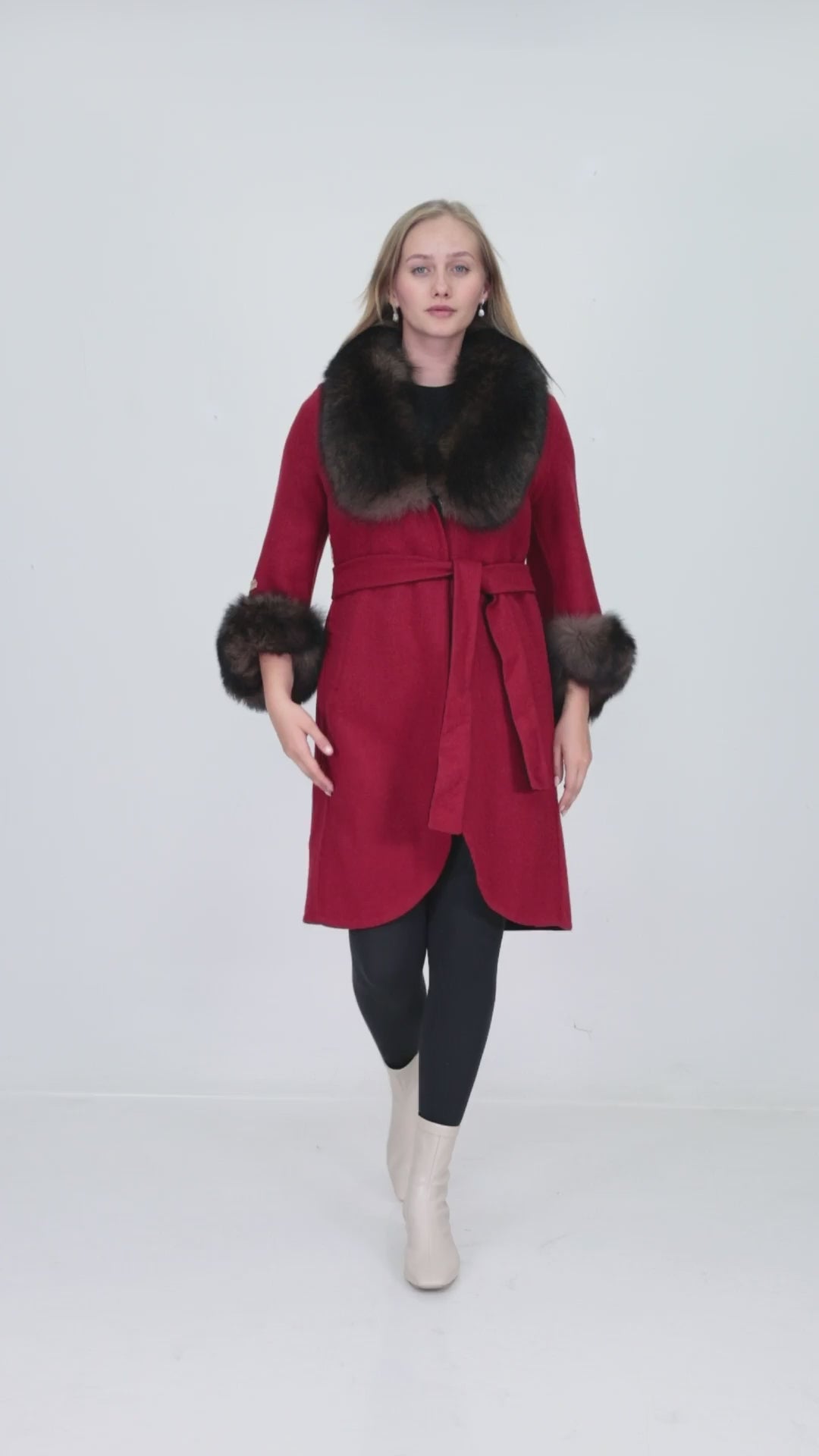 SELENA Red Alpaca Coat with Brown Fur Collar