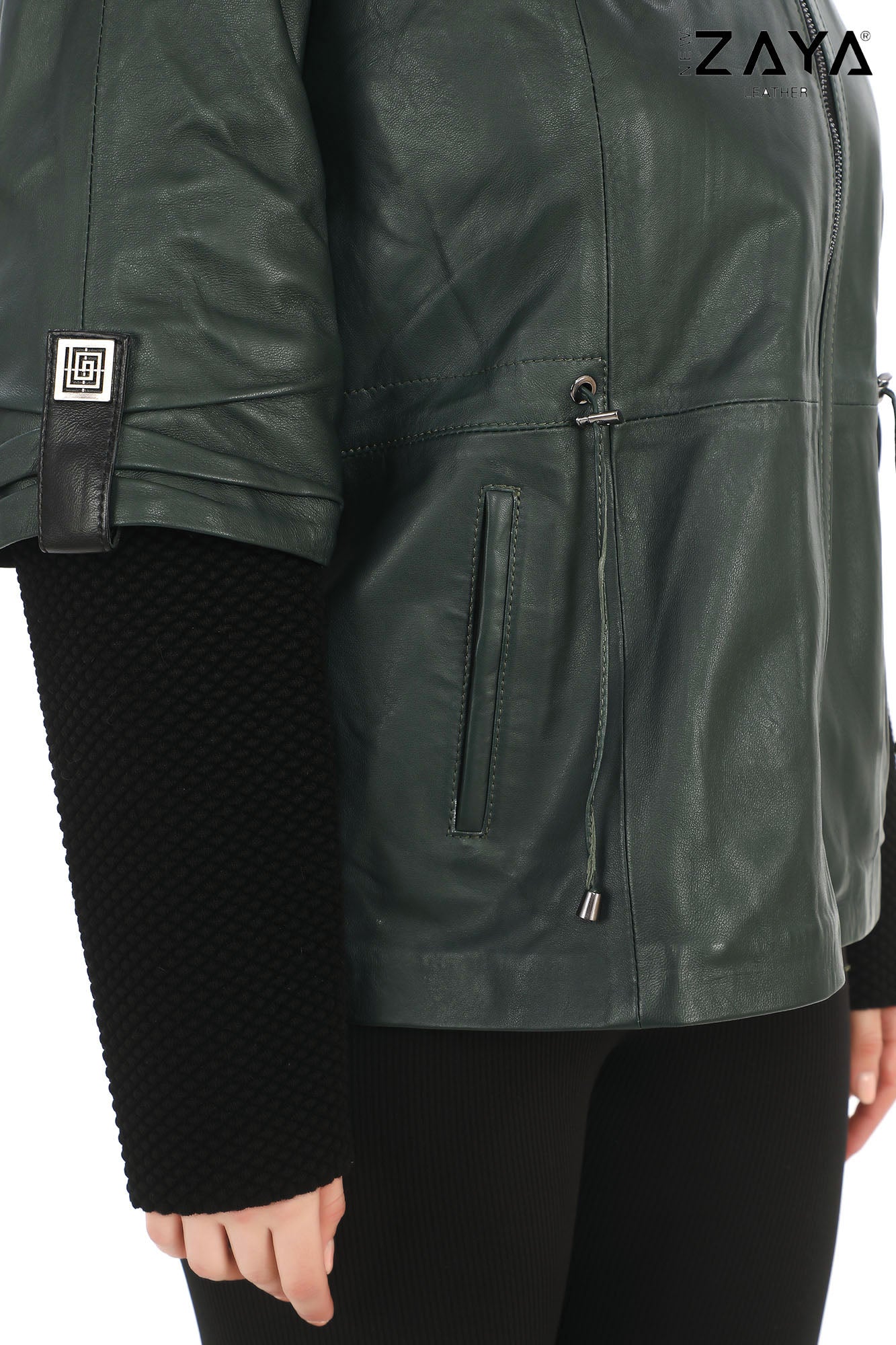 Chloe Genuine Leather khaki Hooded Jacket with Knitwear Trim