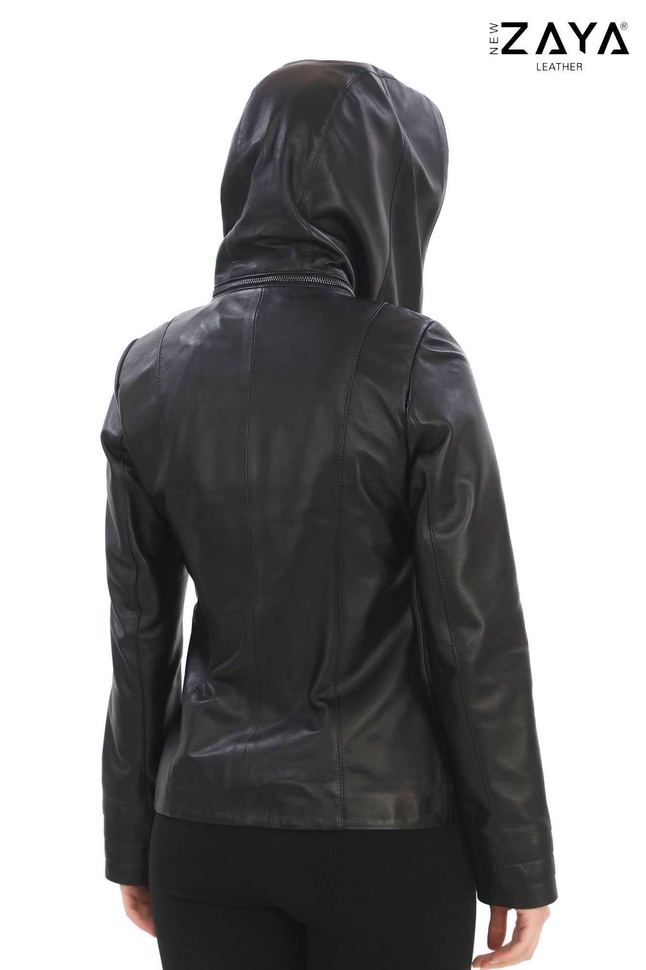 Velora Black Hooded Genuine Leather Jacket with Belt Detail