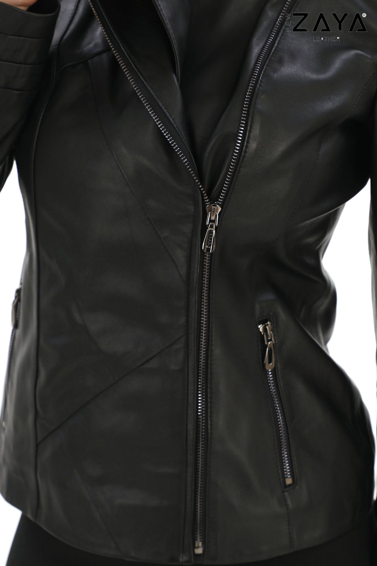 Velora Black Hooded Genuine Leather Jacket with Belt Detail