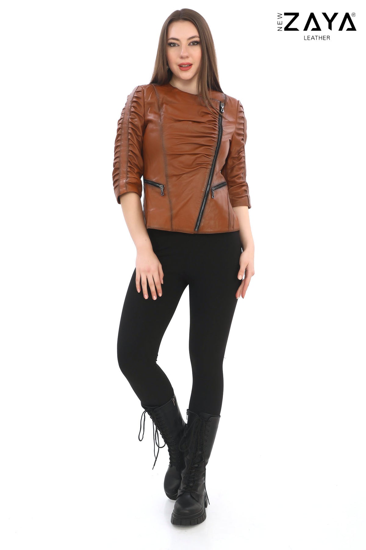 ÉLANORA COGNAC – Ruched Leather Statement Jacket