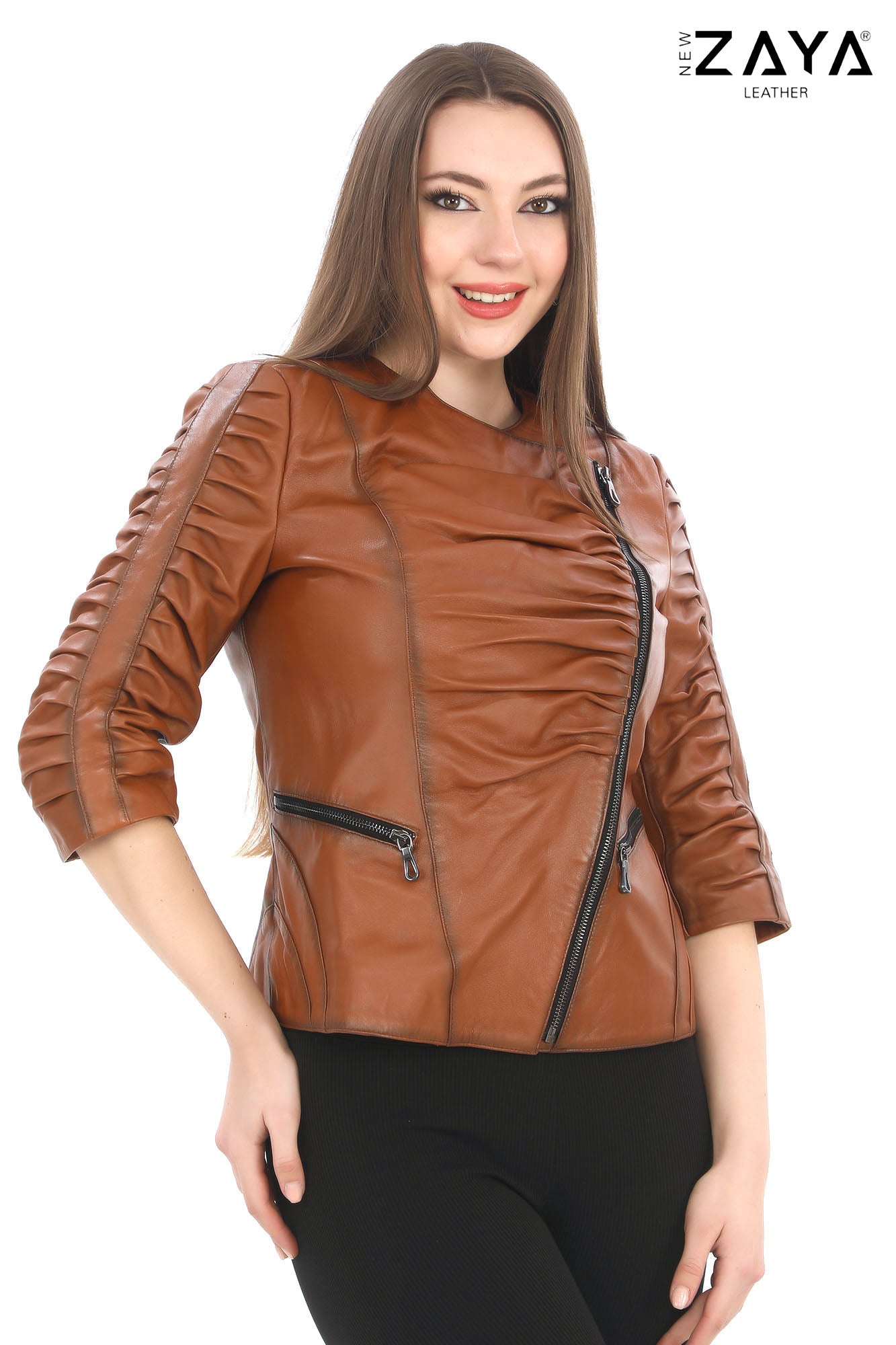 ÉLANORA COGNAC – Ruched Leather Statement Jacket