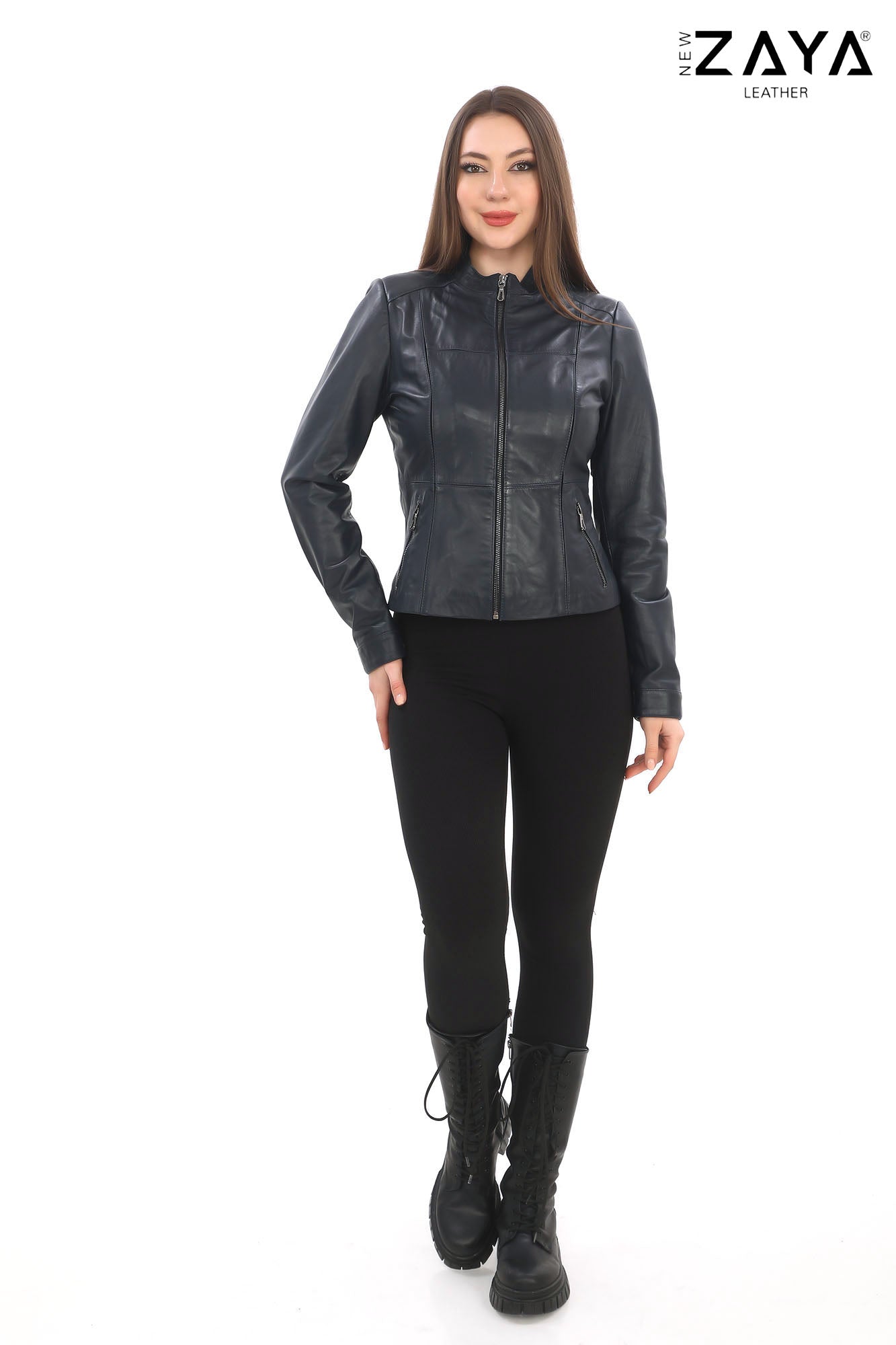 LEMA Genuine Lambskin Brown Leather Jacket Navy Blue