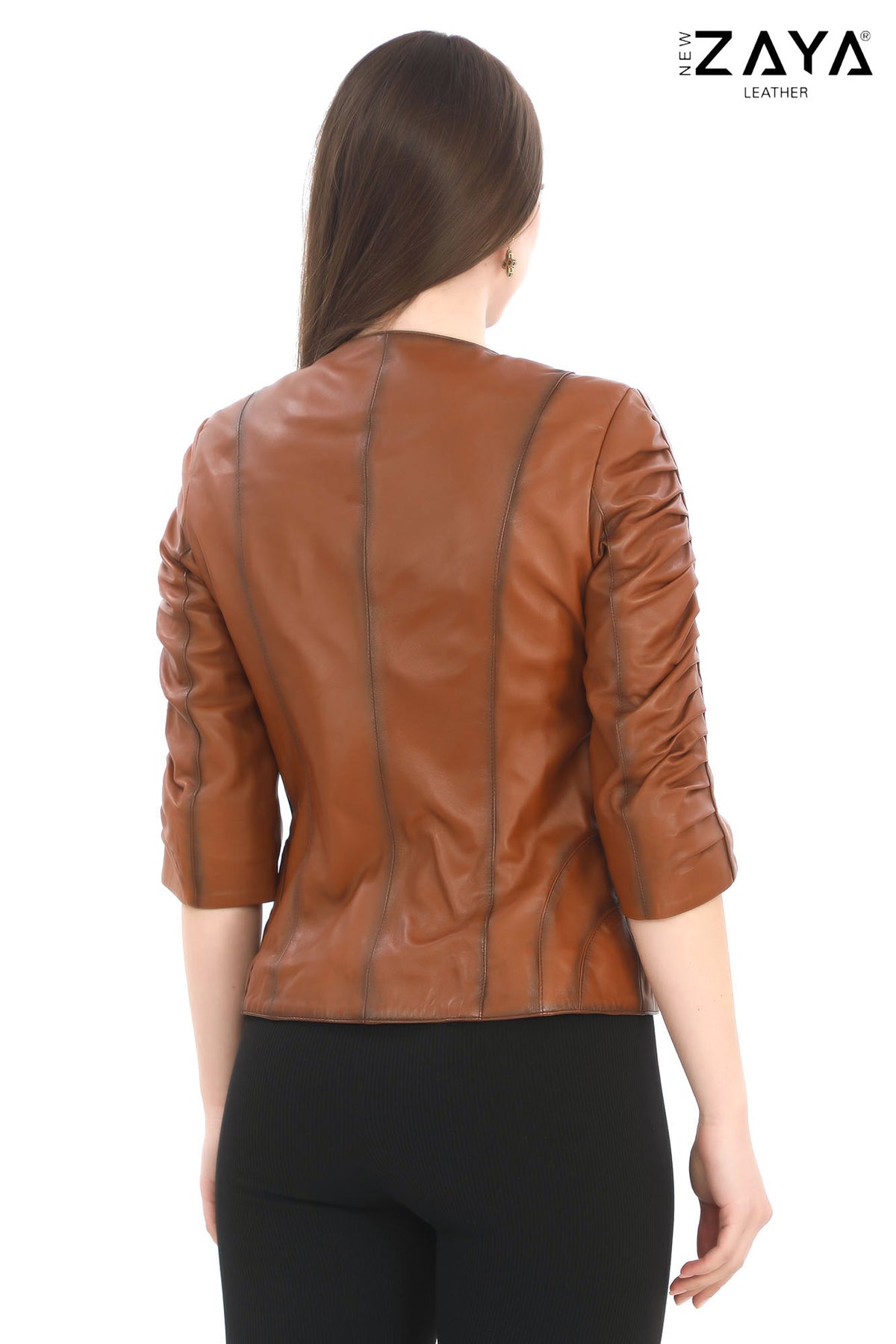 ÉLANORA COGNAC – Ruched Leather Statement Jacket