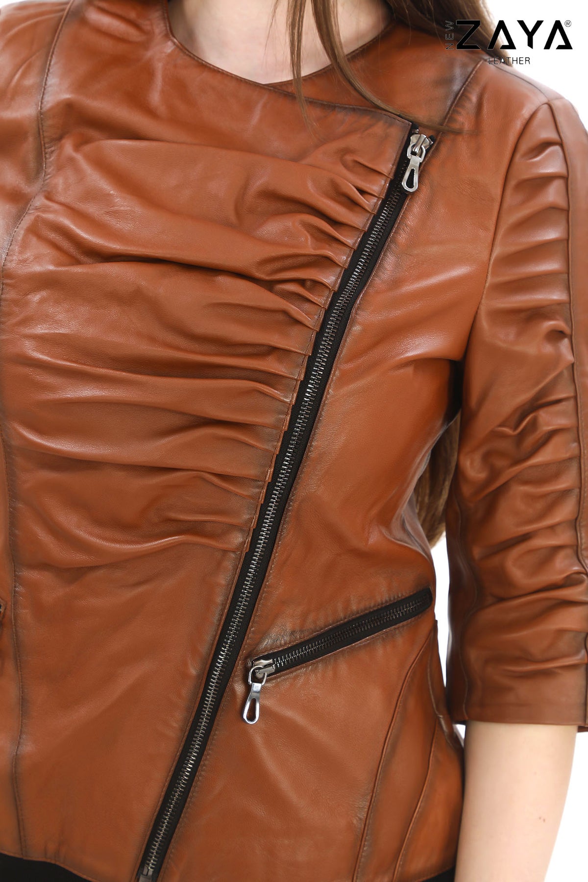 ÉLANORA COGNAC – Ruched Leather Statement Jacket