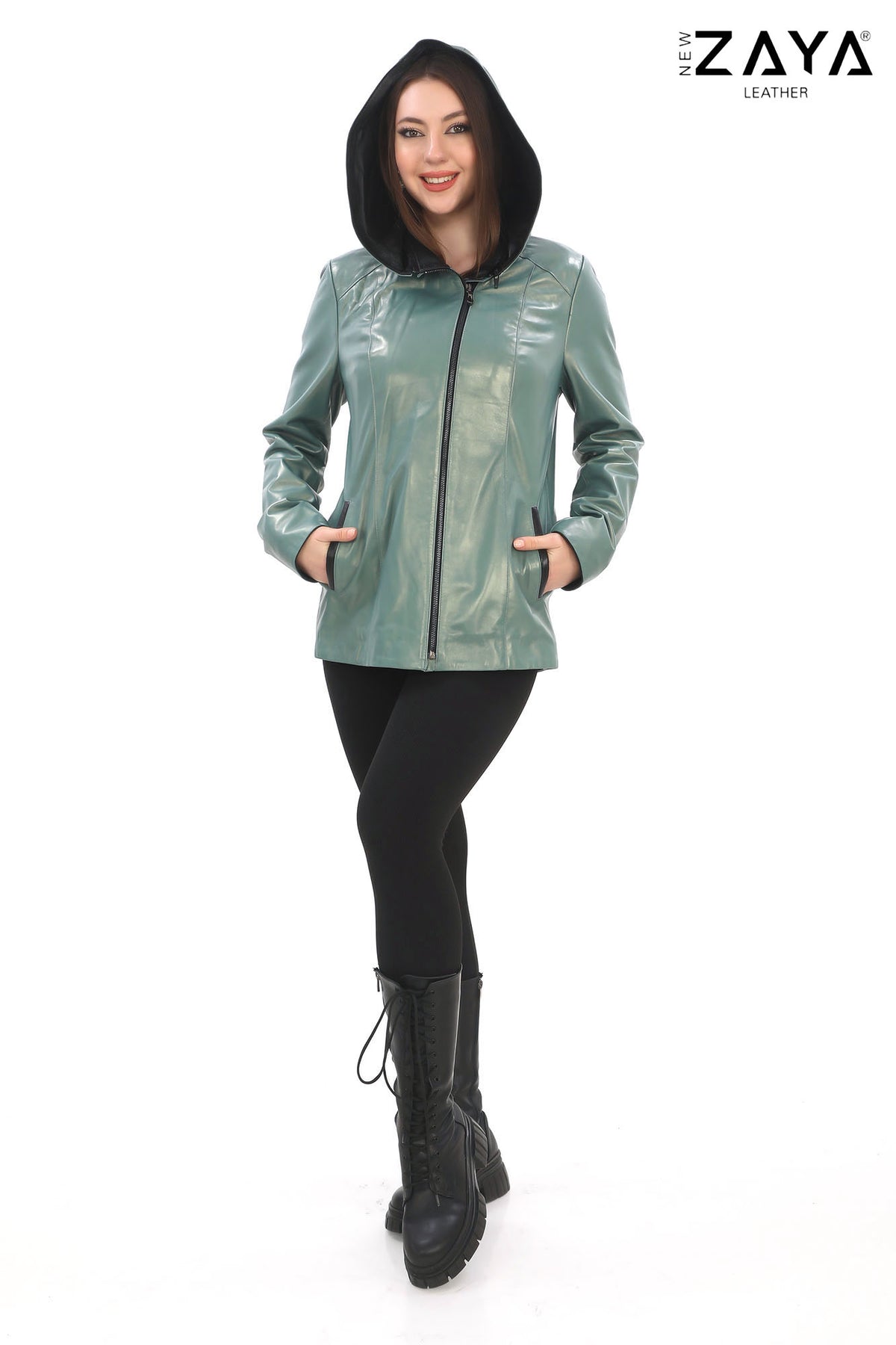 MARTA Mint Green Detachable Hood Lambskin Leather Jacket