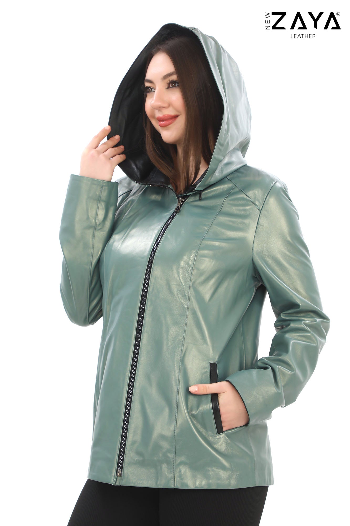 MARTA Mint Green Detachable Hood Lambskin Leather Jacket