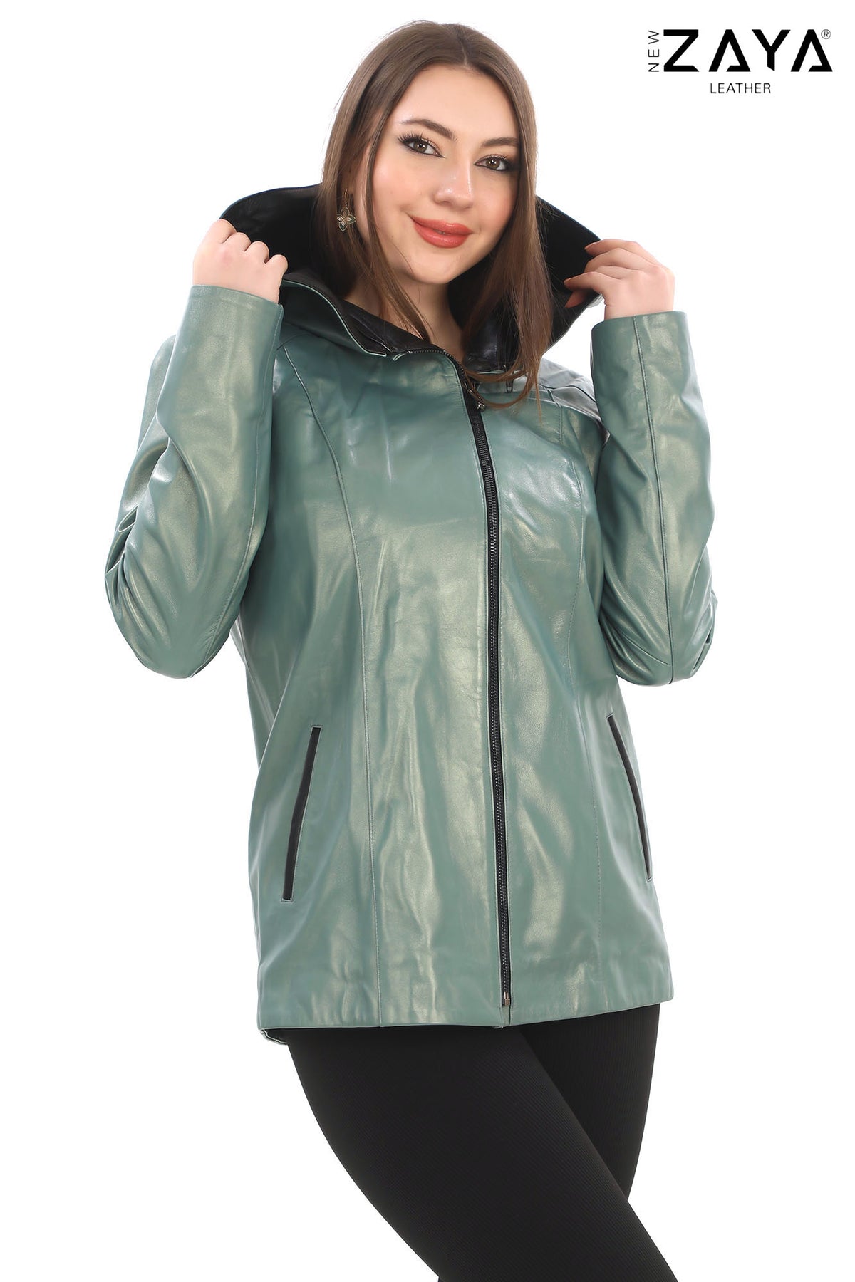 MARTA Mint Green Detachable Hood Lambskin Leather Jacket